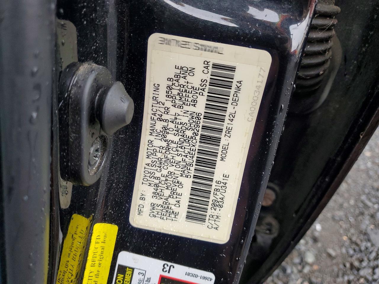2012 Toyota Corolla Le Black vin: 5YFBU4EEXCP029606
