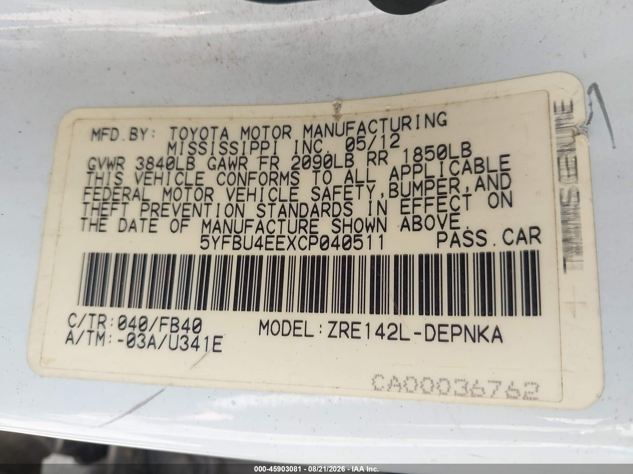 2012 Toyota Corolla Le White vin: 5YFBU4EEXCP040511