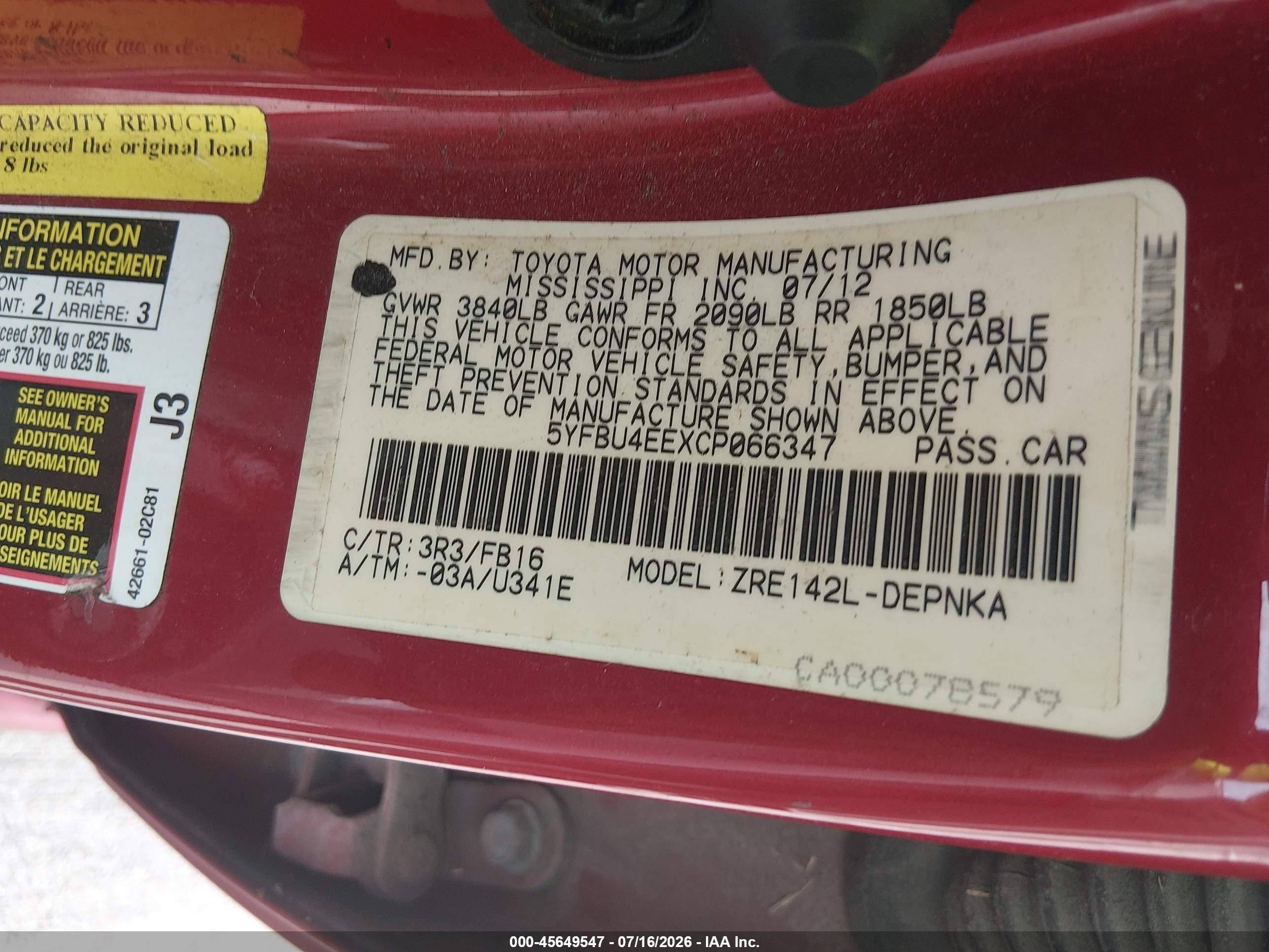 2012 Toyota Corolla Le Red vin: 5YFBU4EEXCP066347