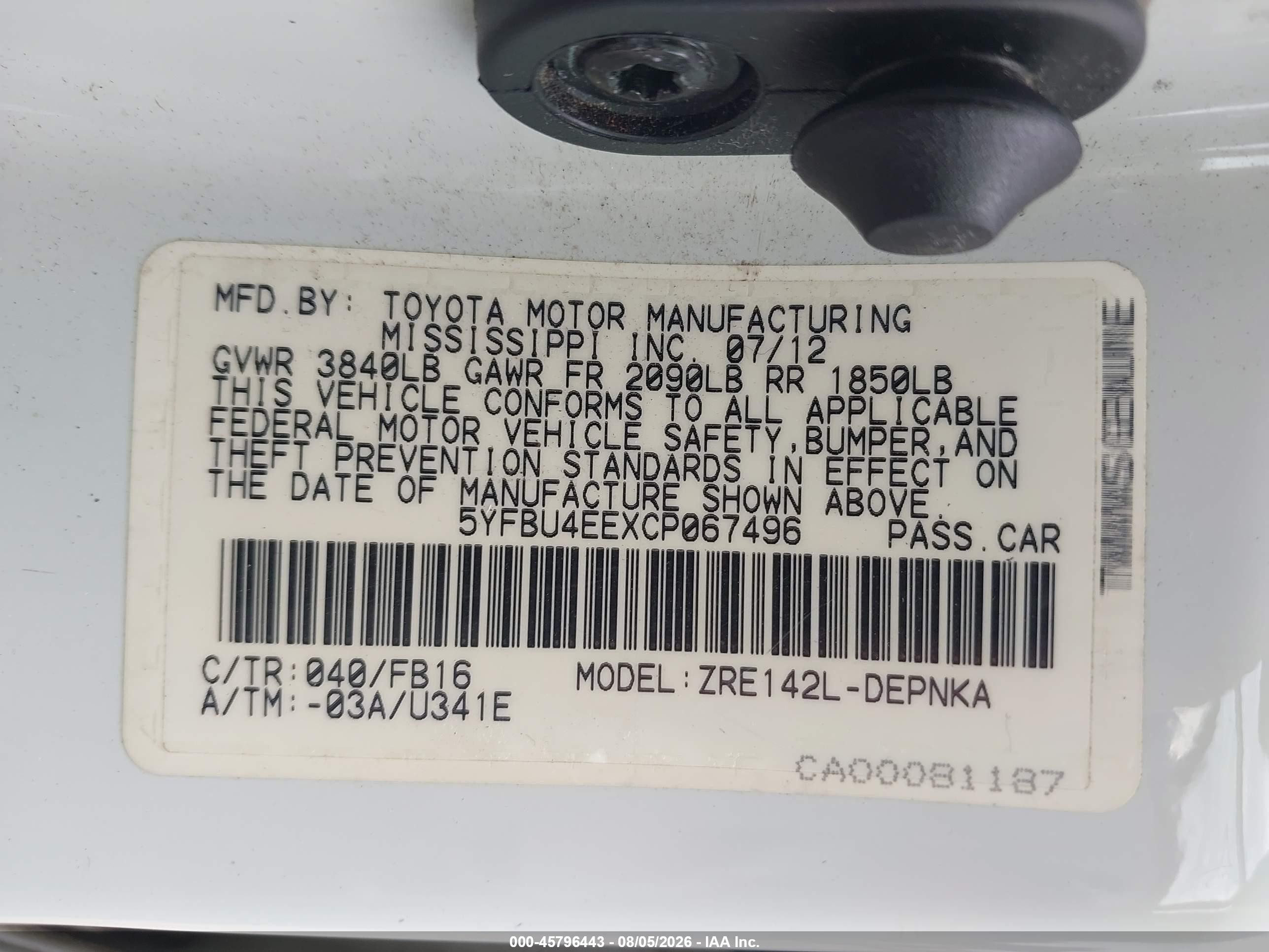 2012 Toyota Corolla Le Белый vin: 5YFBU4EEXCP067496