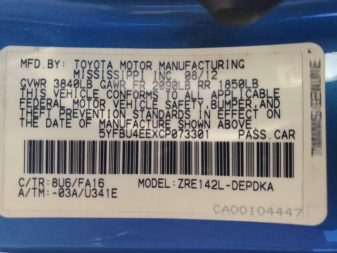 2012 Toyota Corolla L Blue vin: 5YFBU4EEXCP073301