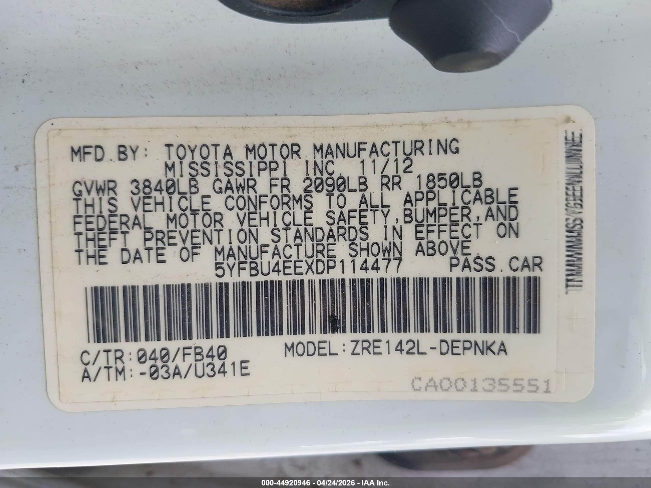 2013 Toyota Corolla Le White vin: 5YFBU4EEXDP114477