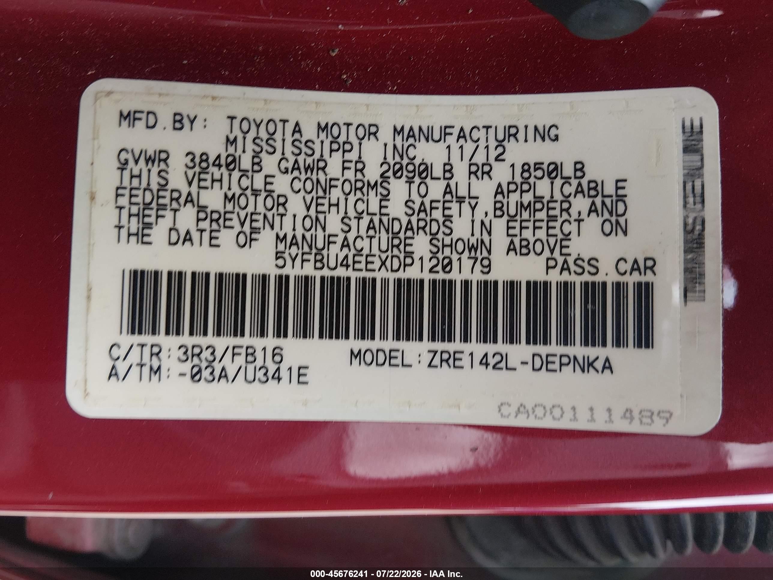 2013 Toyota Corolla Le Red vin: 5YFBU4EEXDP120179