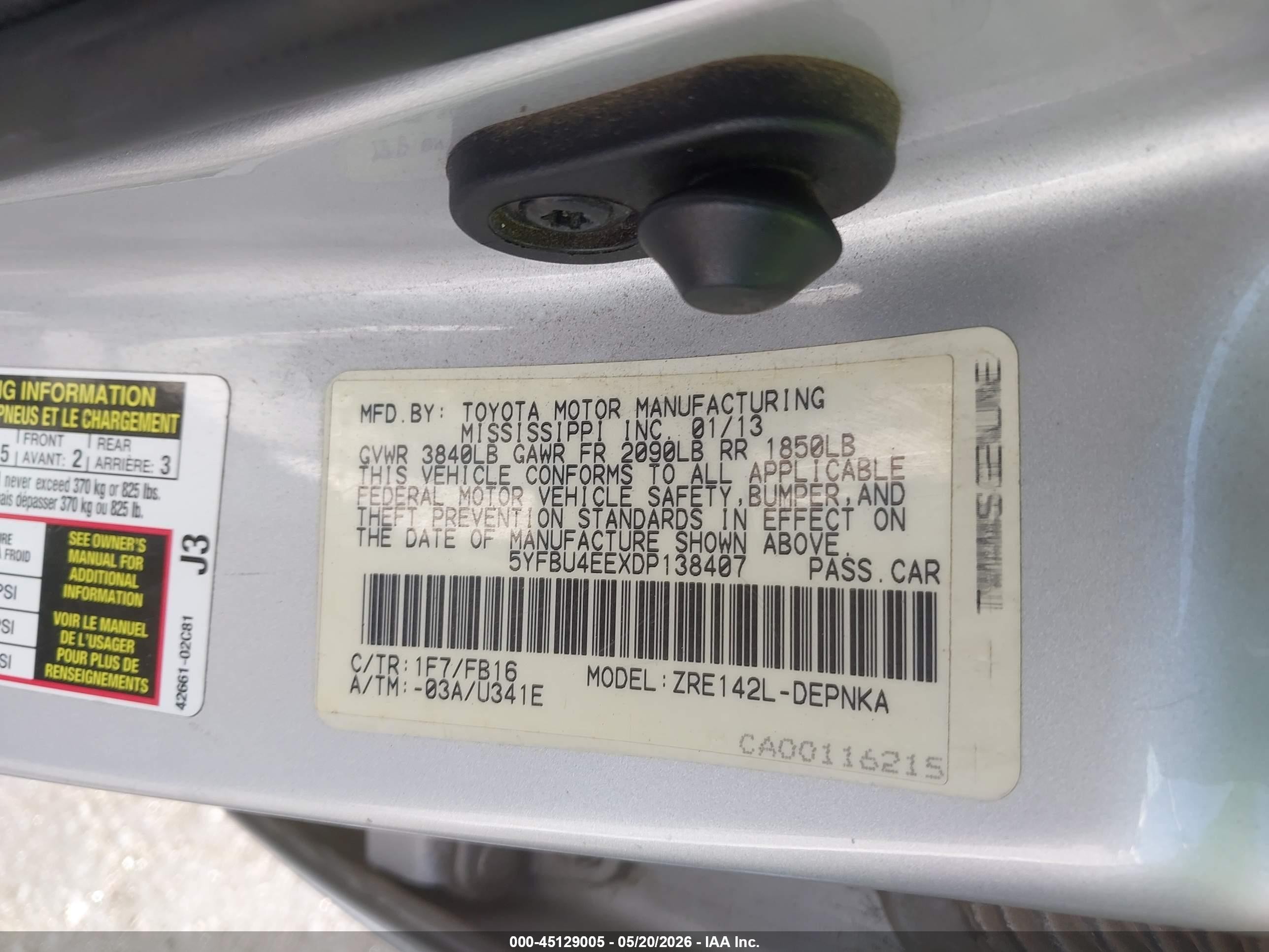 2013 Toyota Corolla Le Silver vin: 5YFBU4EEXDP138407