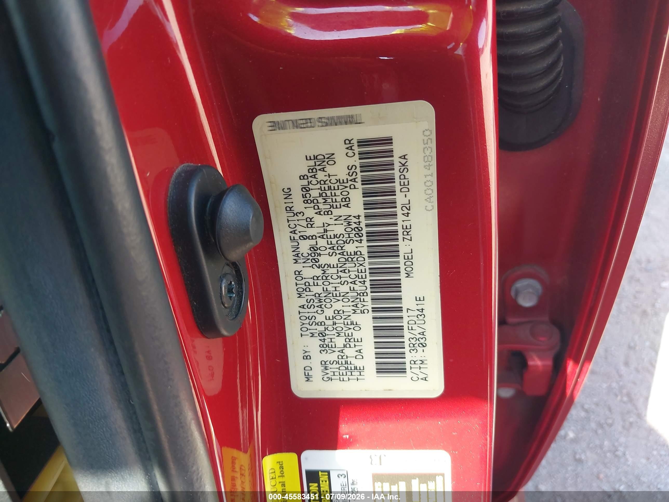 2013 Toyota Corolla S Red vin: 5YFBU4EEXDP140044