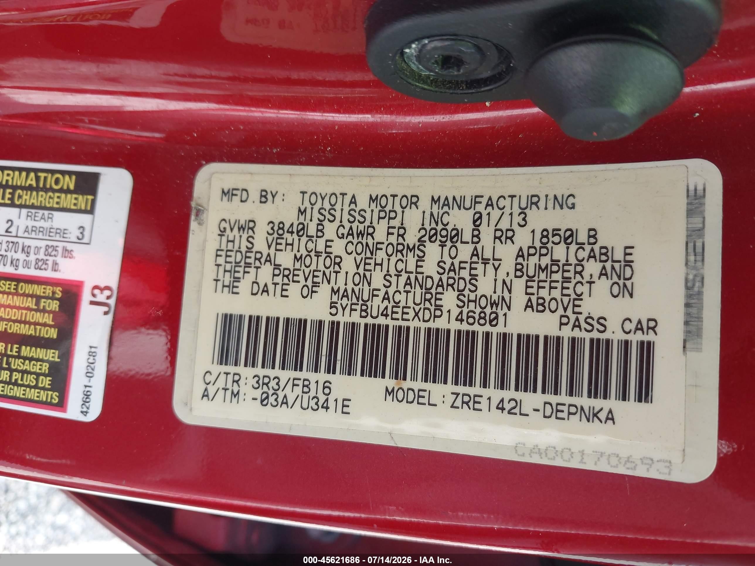 2013 Toyota Corolla Le Red vin: 5YFBU4EEXDP146801