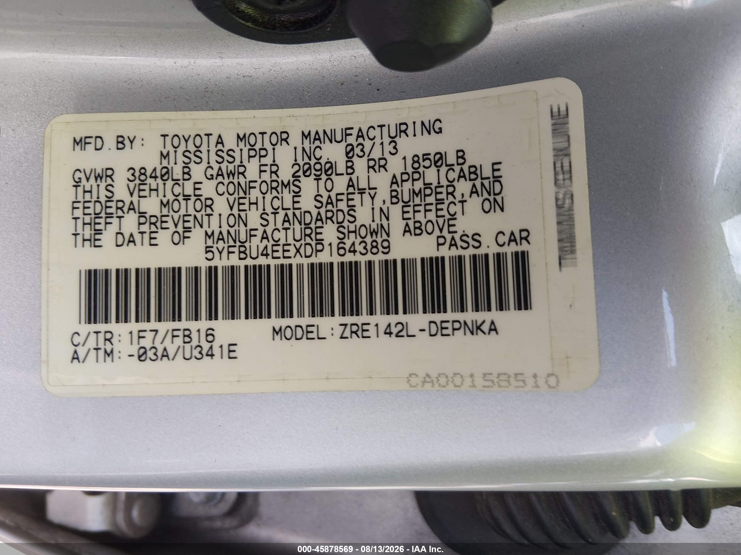 2013 Toyota Corolla Le Silver vin: 5YFBU4EEXDP164389