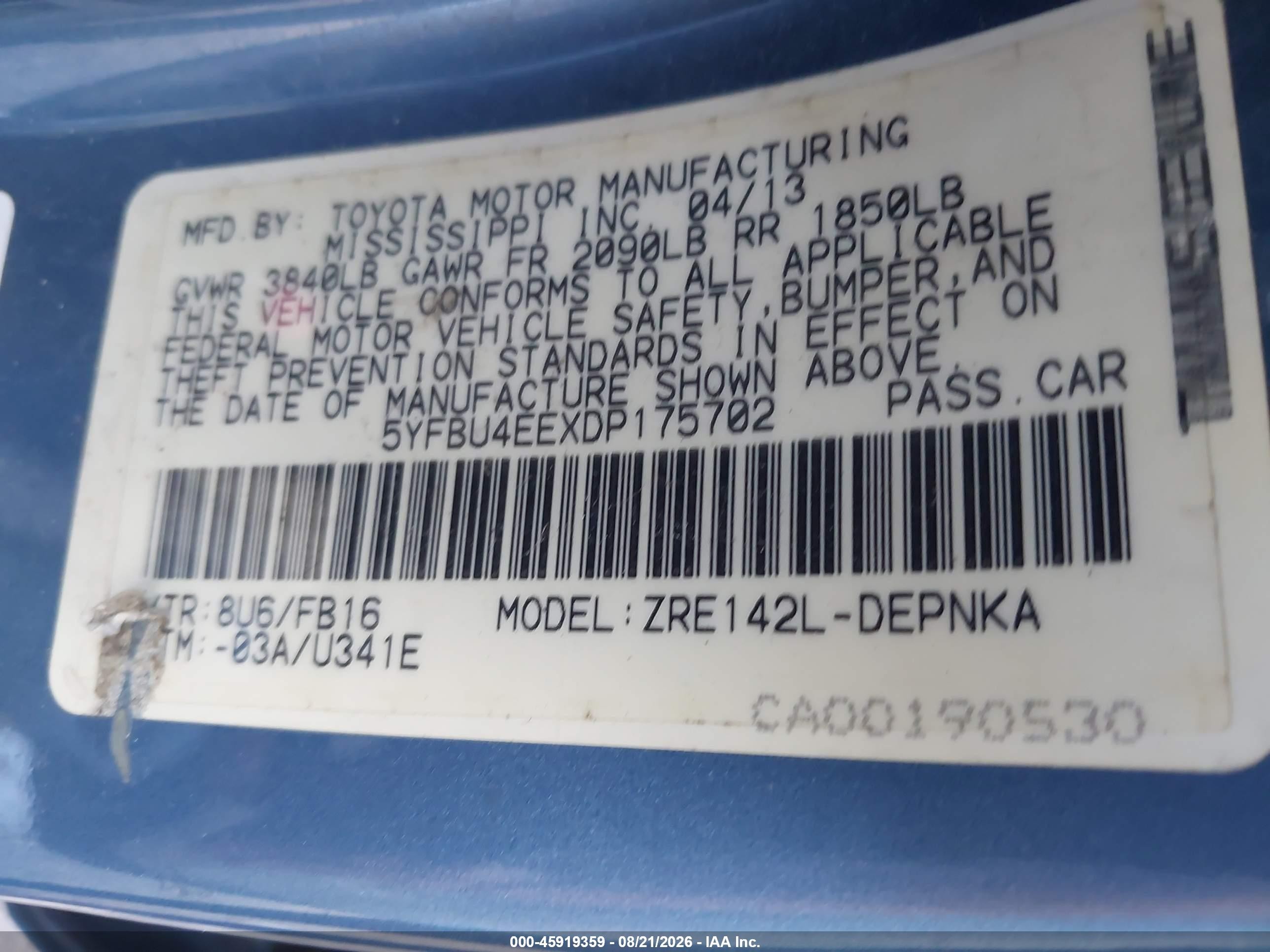 2013 Toyota Corolla Le Blue vin: 5YFBU4EEXDP175702