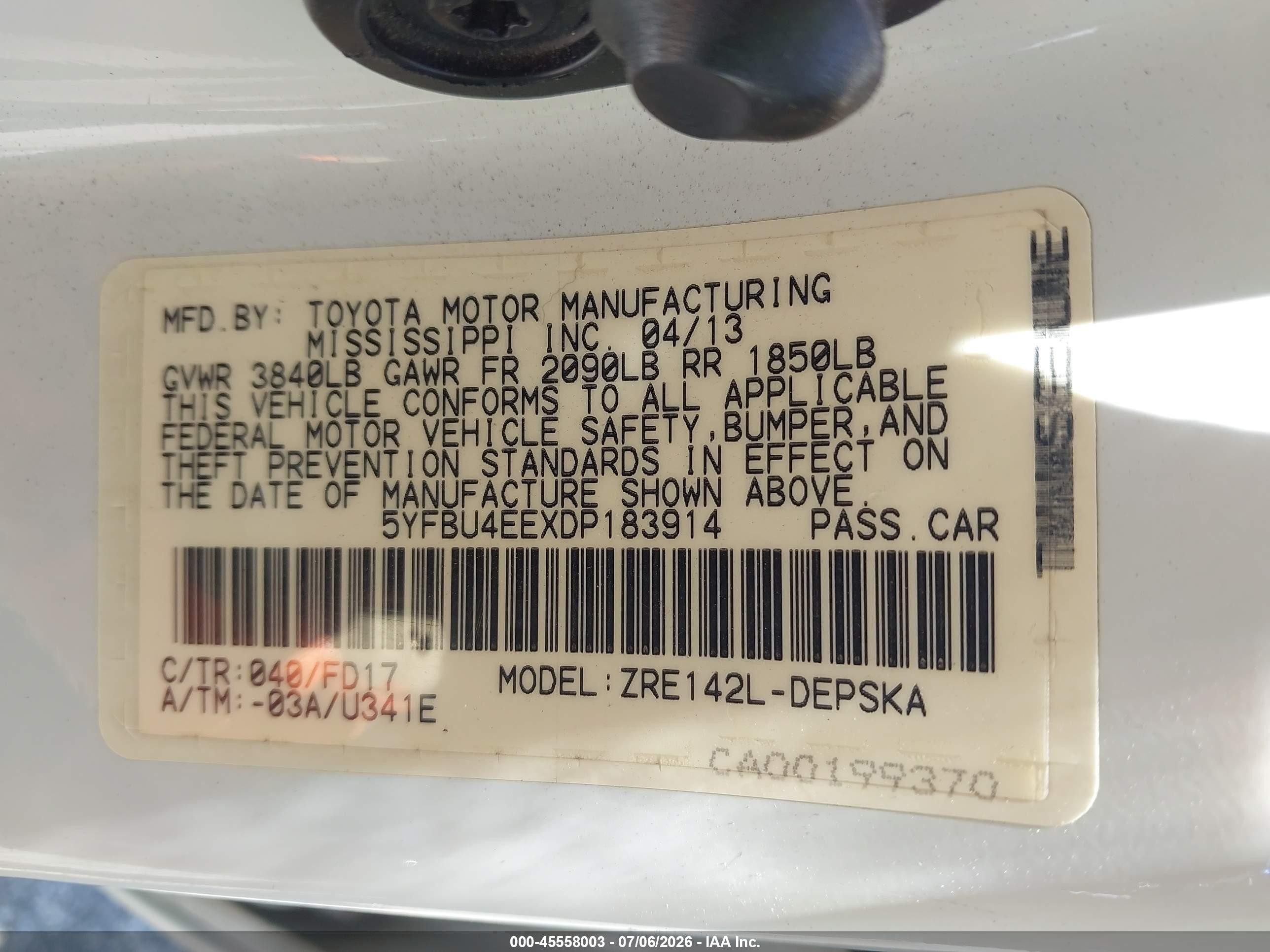 2013 Toyota Corolla S White vin: 5YFBU4EEXDP183914
