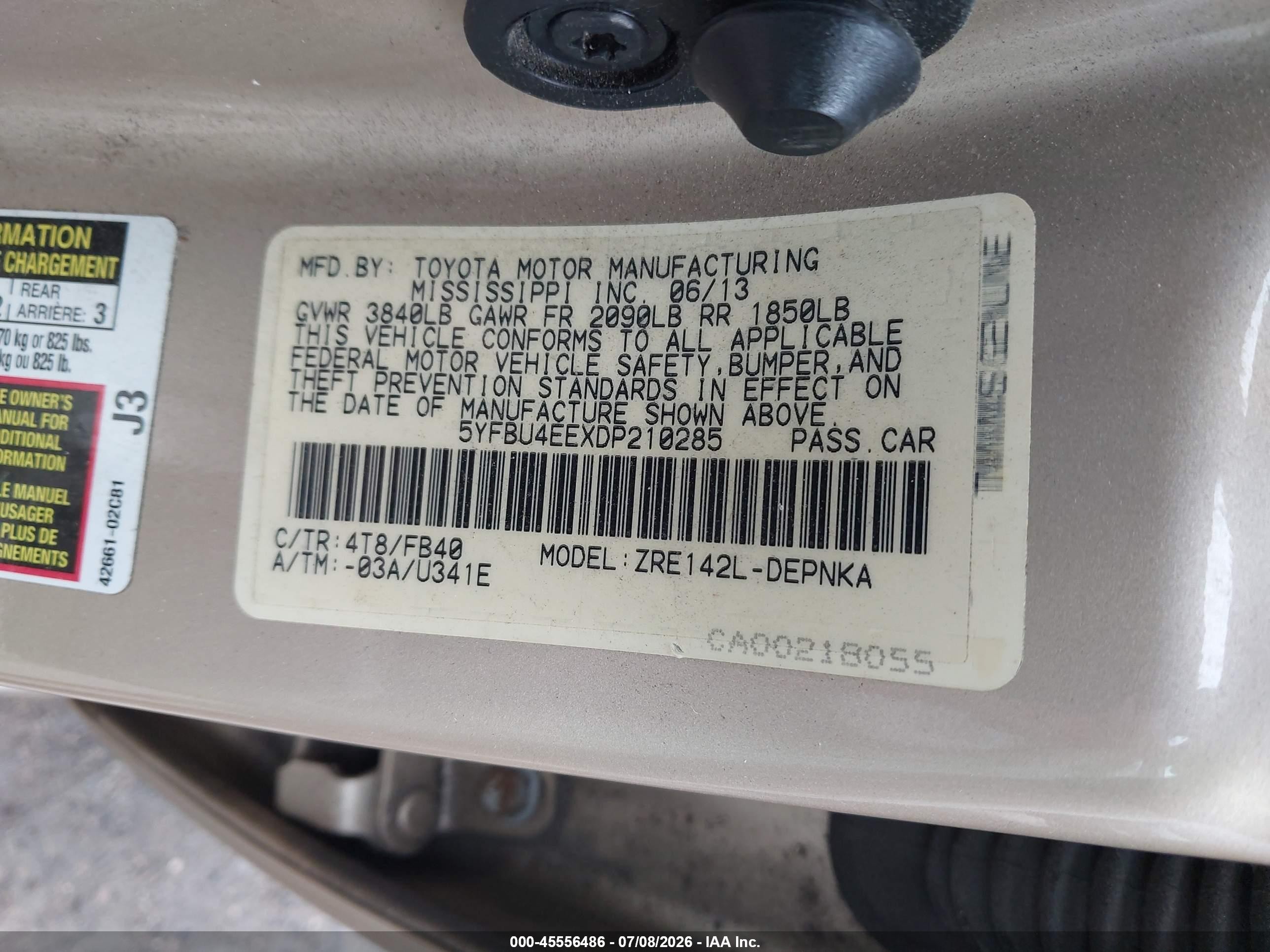 2013 Toyota Corolla Le Gold vin: 5YFBU4EEXDP210285