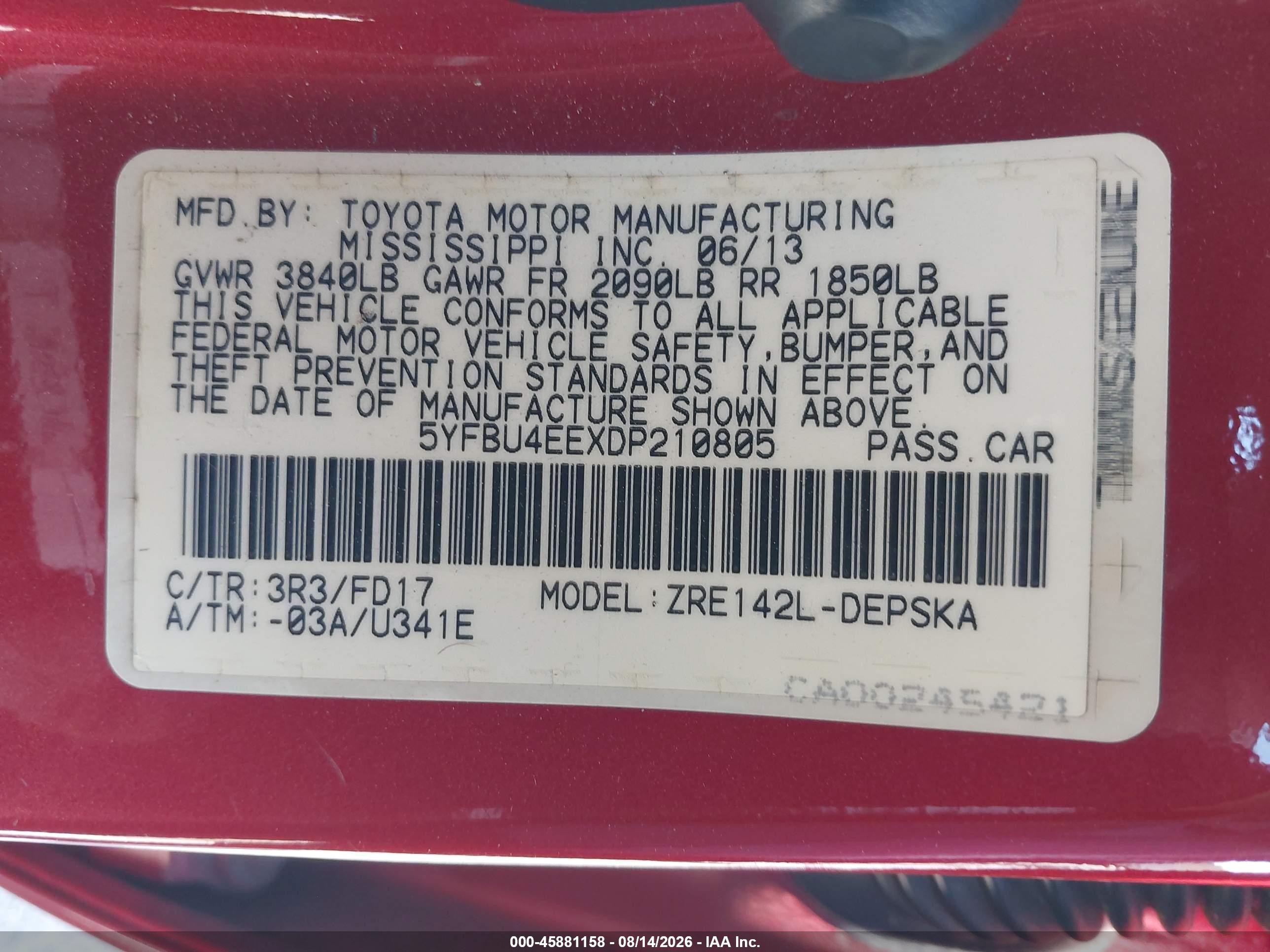 2013 Toyota Corolla S Red vin: 5YFBU4EEXDP210805