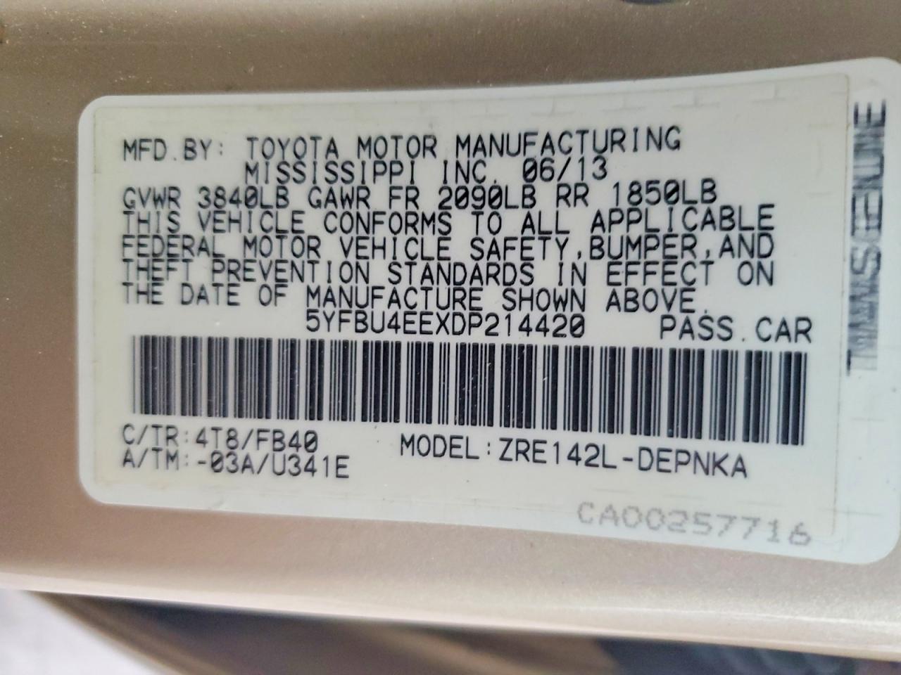 2013 Toyota Corolla Le Beige vin: 5YFBU4EEXDP214420