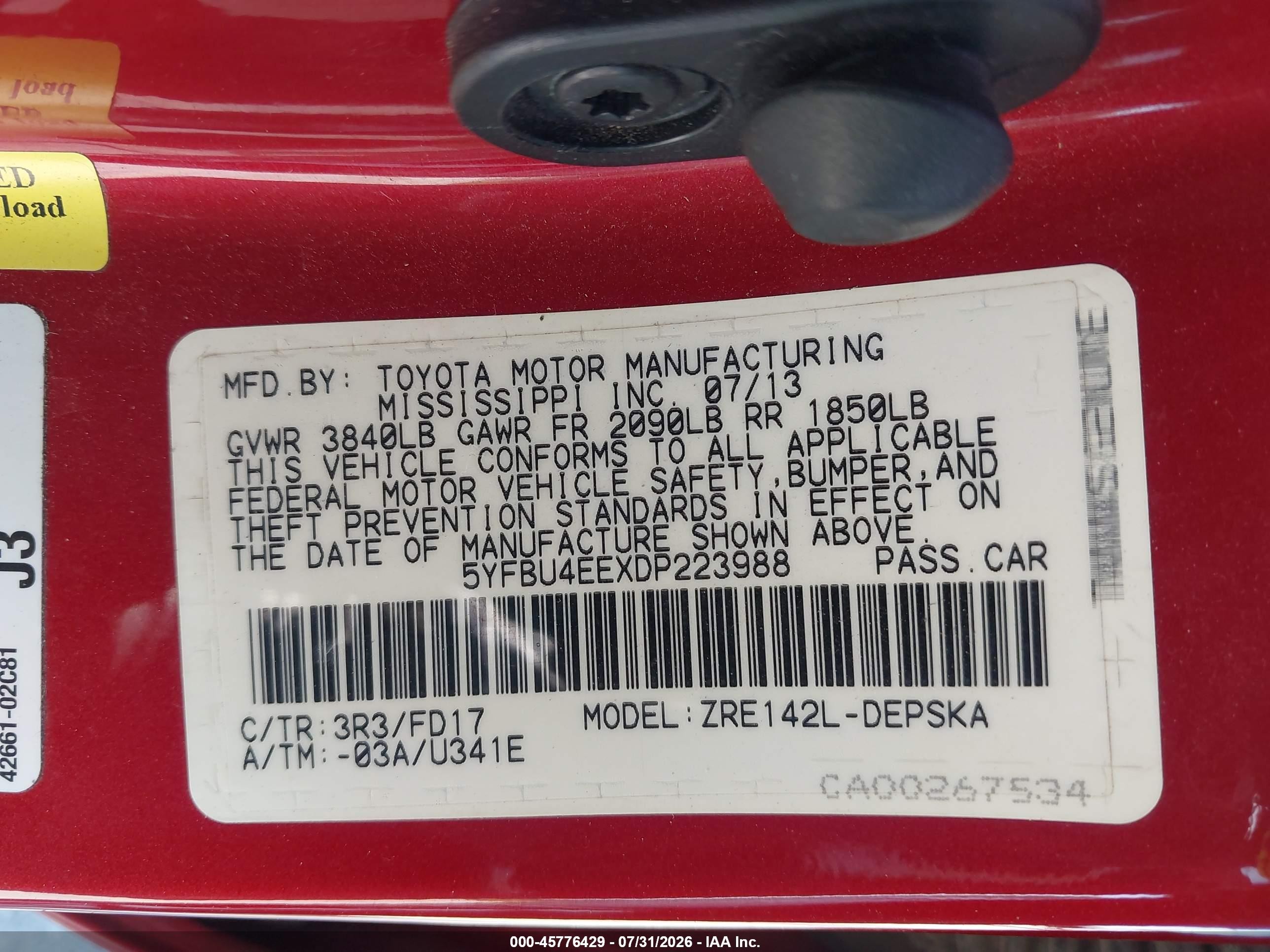 2013 Toyota Corolla S Красный vin: 5YFBU4EEXDP223988