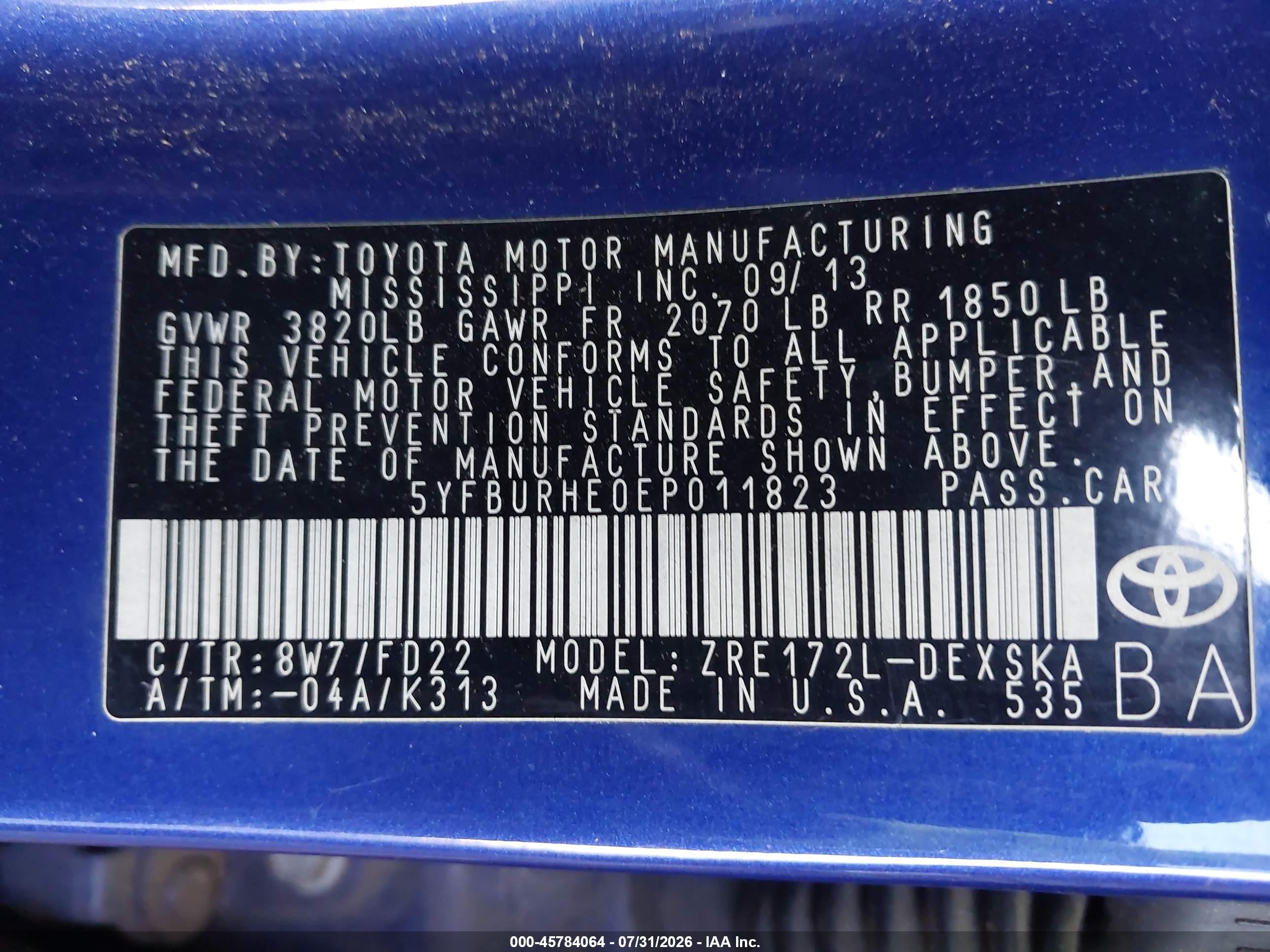 2014 Toyota Corolla S Plus Blue vin: 5YFBURHE0EP011823