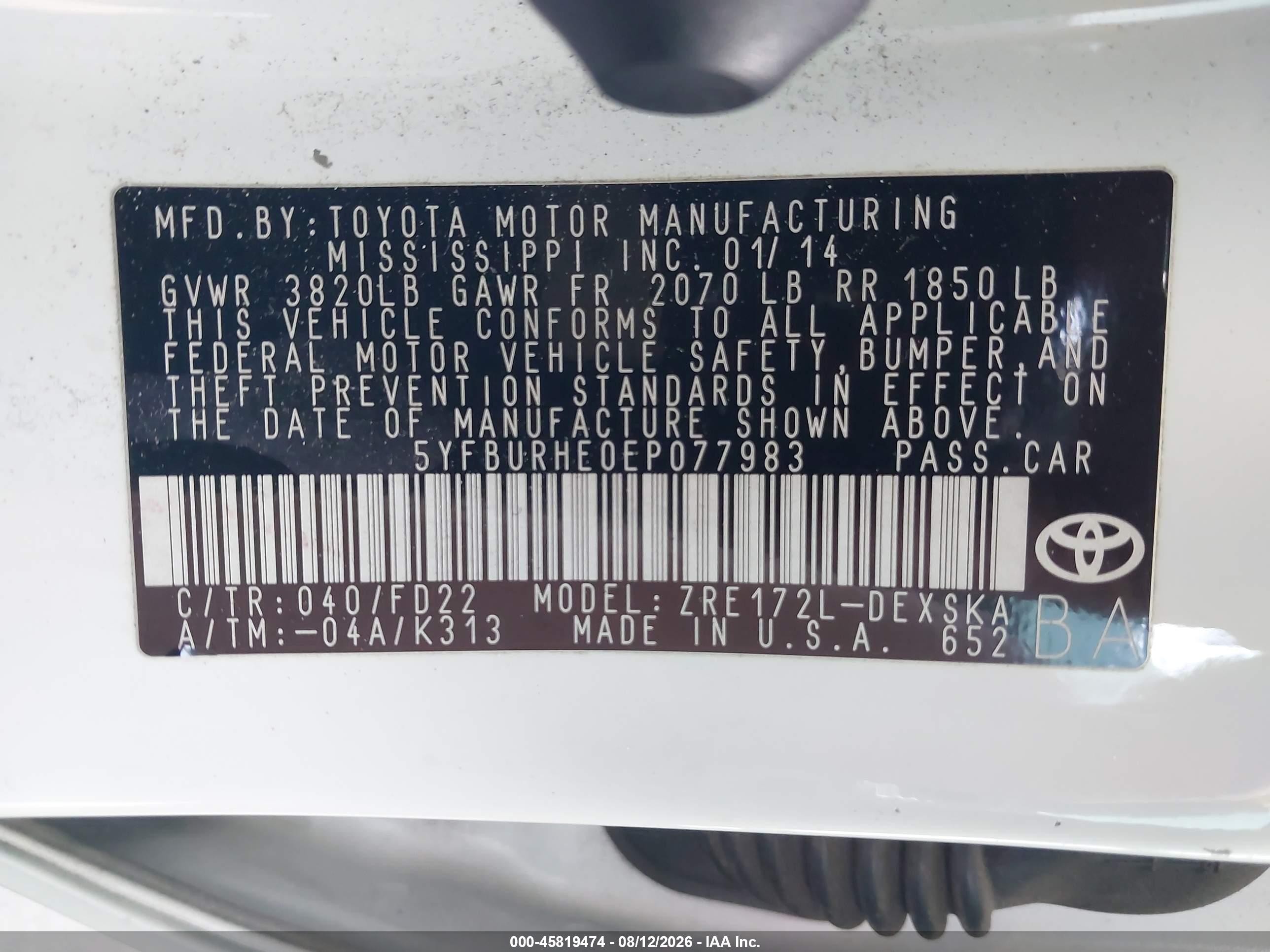 2014 Toyota Corolla S Plus White vin: 5YFBURHE0EP077983