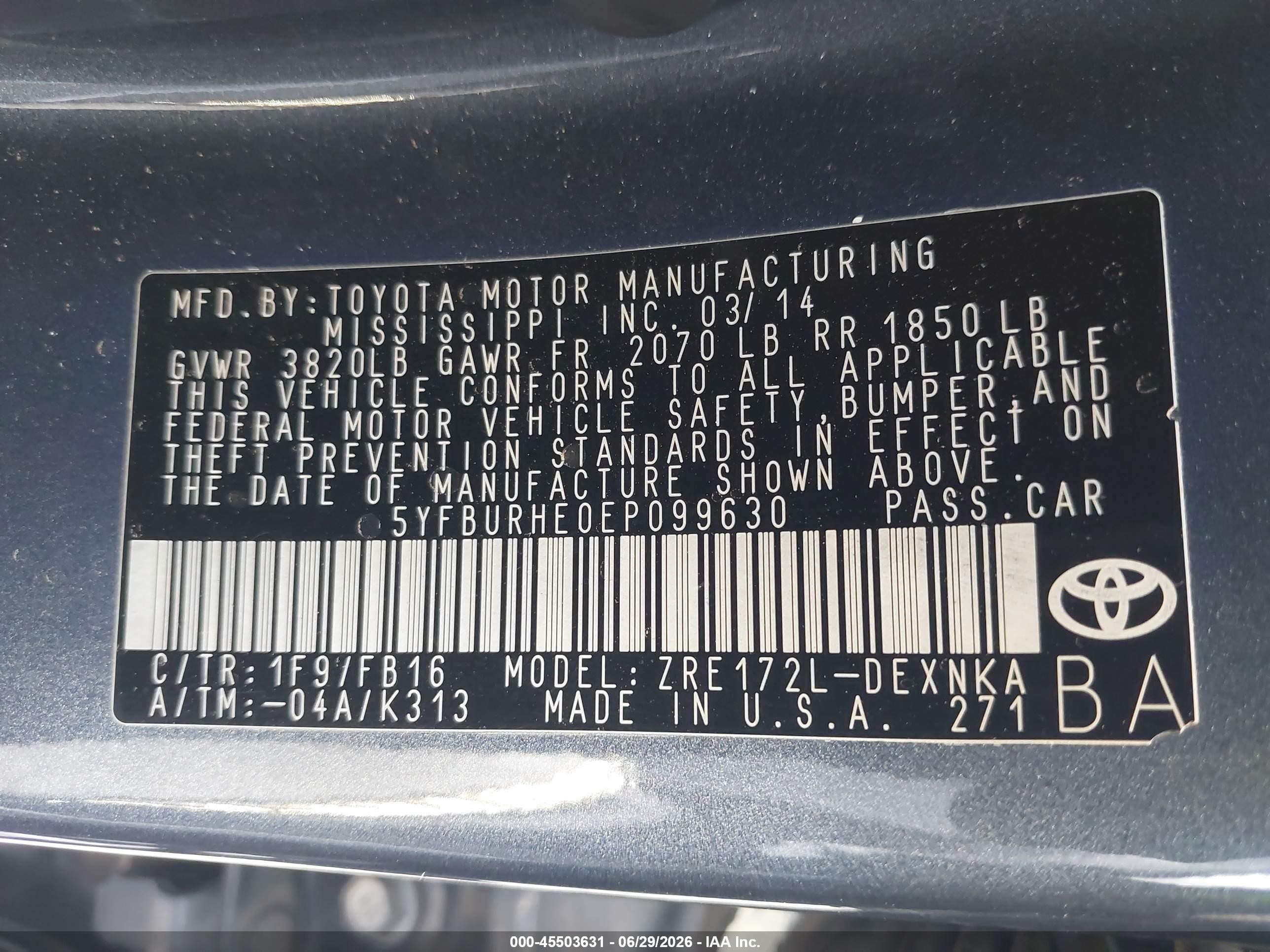 2014 Toyota Corolla Le Navy vin: 5YFBURHE0EP099630