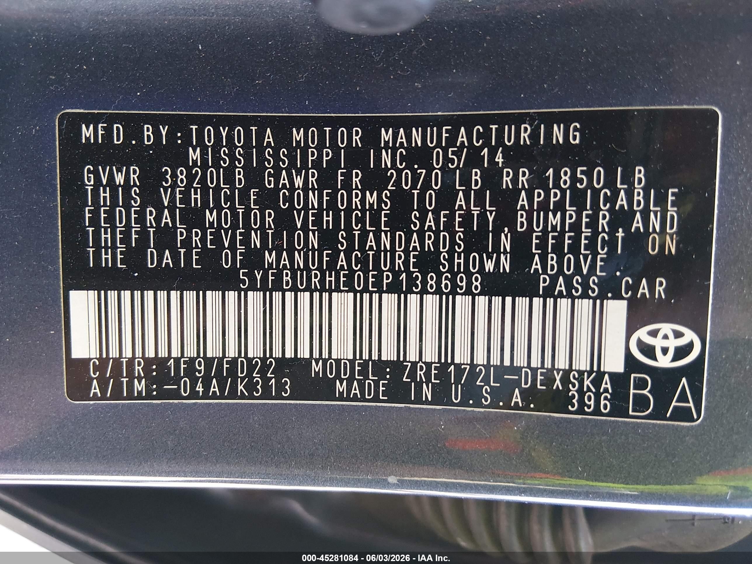 2014 Toyota Corolla S Blue vin: 5YFBURHE0EP138698