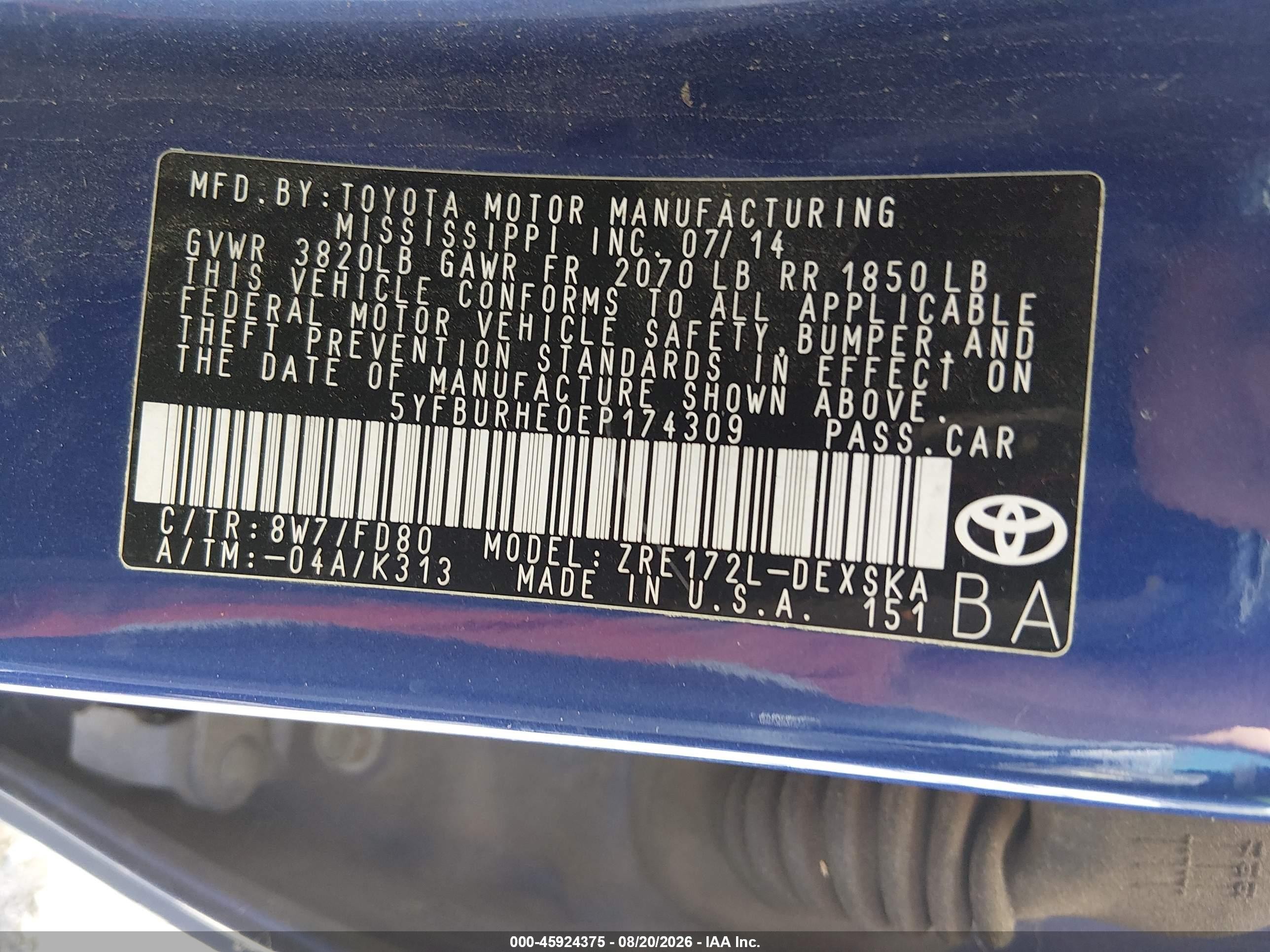 2014 Toyota Corolla S Plus Blue vin: 5YFBURHE0EP174309