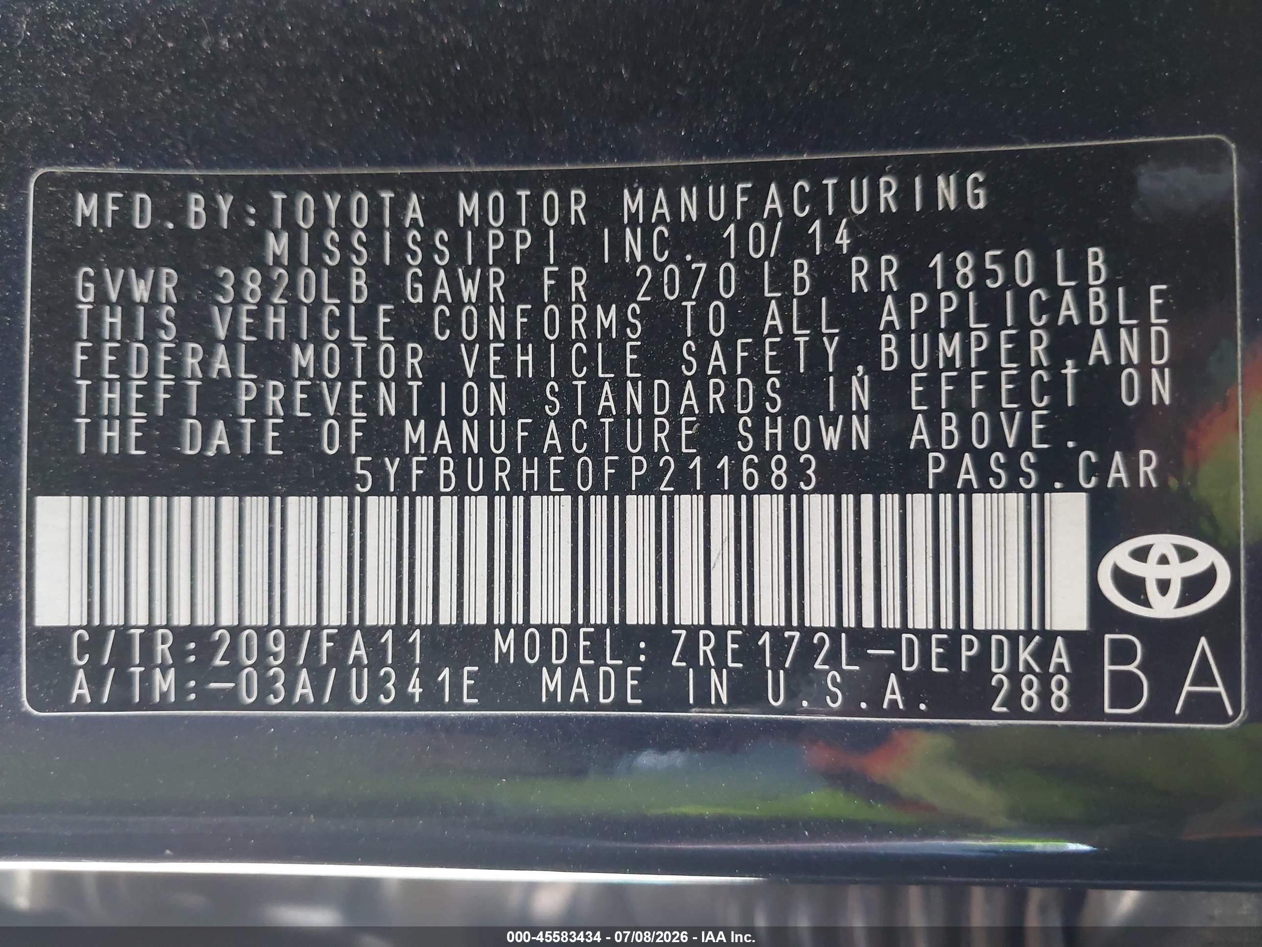2015 Toyota Corolla L Black vin: 5YFBURHE0FP211683