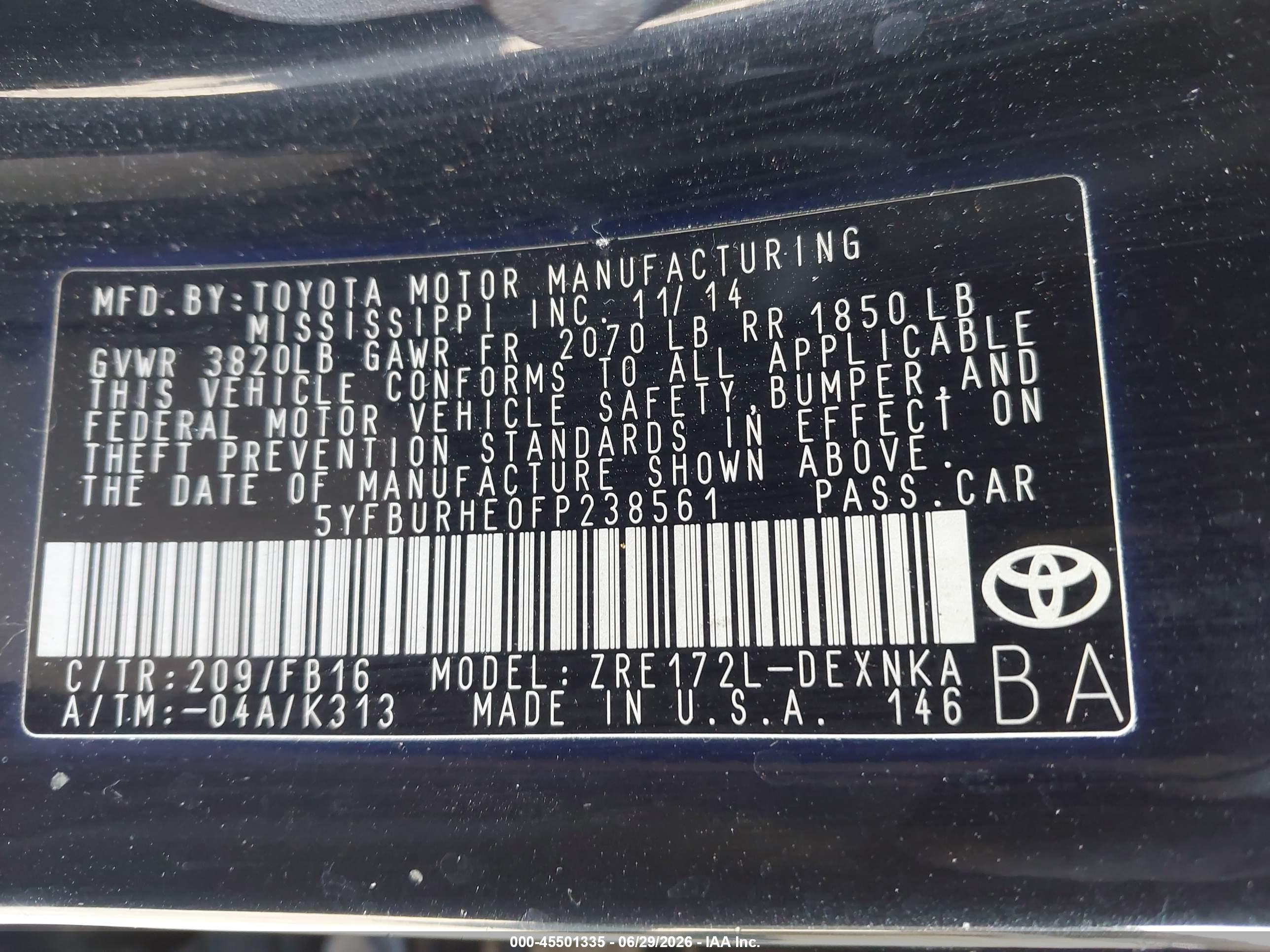2015 Toyota Corolla Le Plus Black vin: 5YFBURHE0FP238561