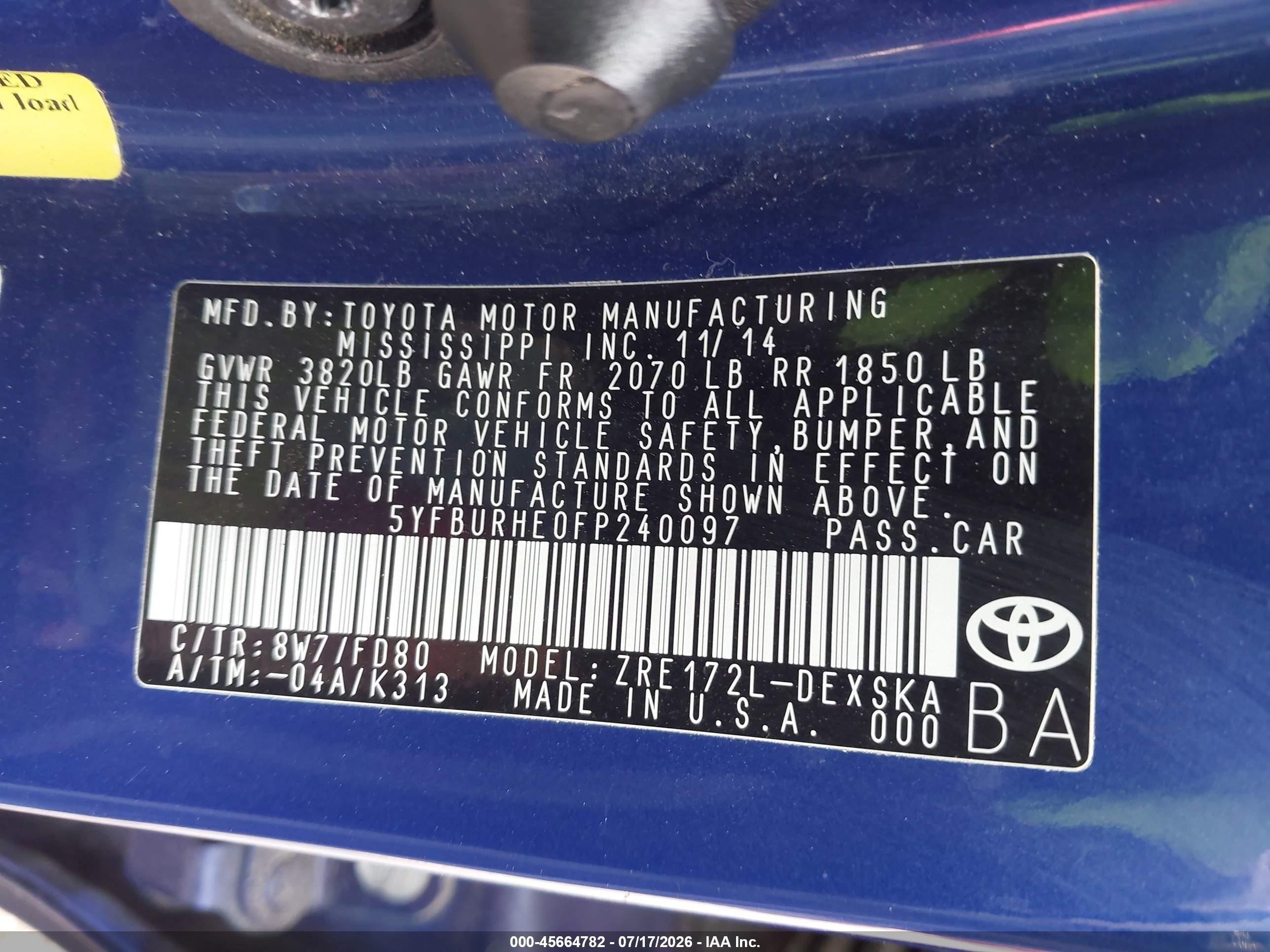 2015 Toyota Corolla S Plus Blue vin: 5YFBURHE0FP240097
