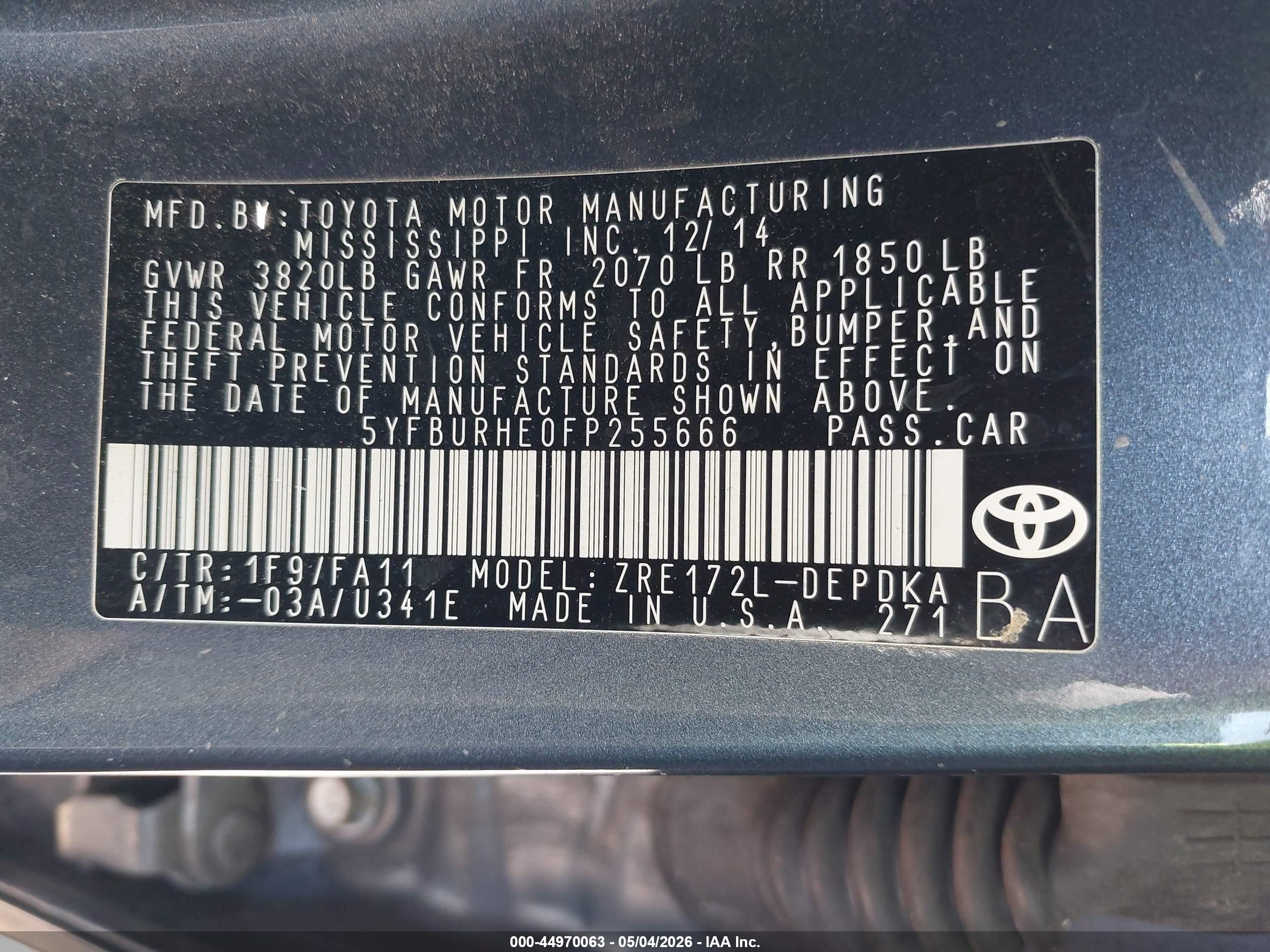 2015 Toyota Corolla L Gray vin: 5YFBURHE0FP255666