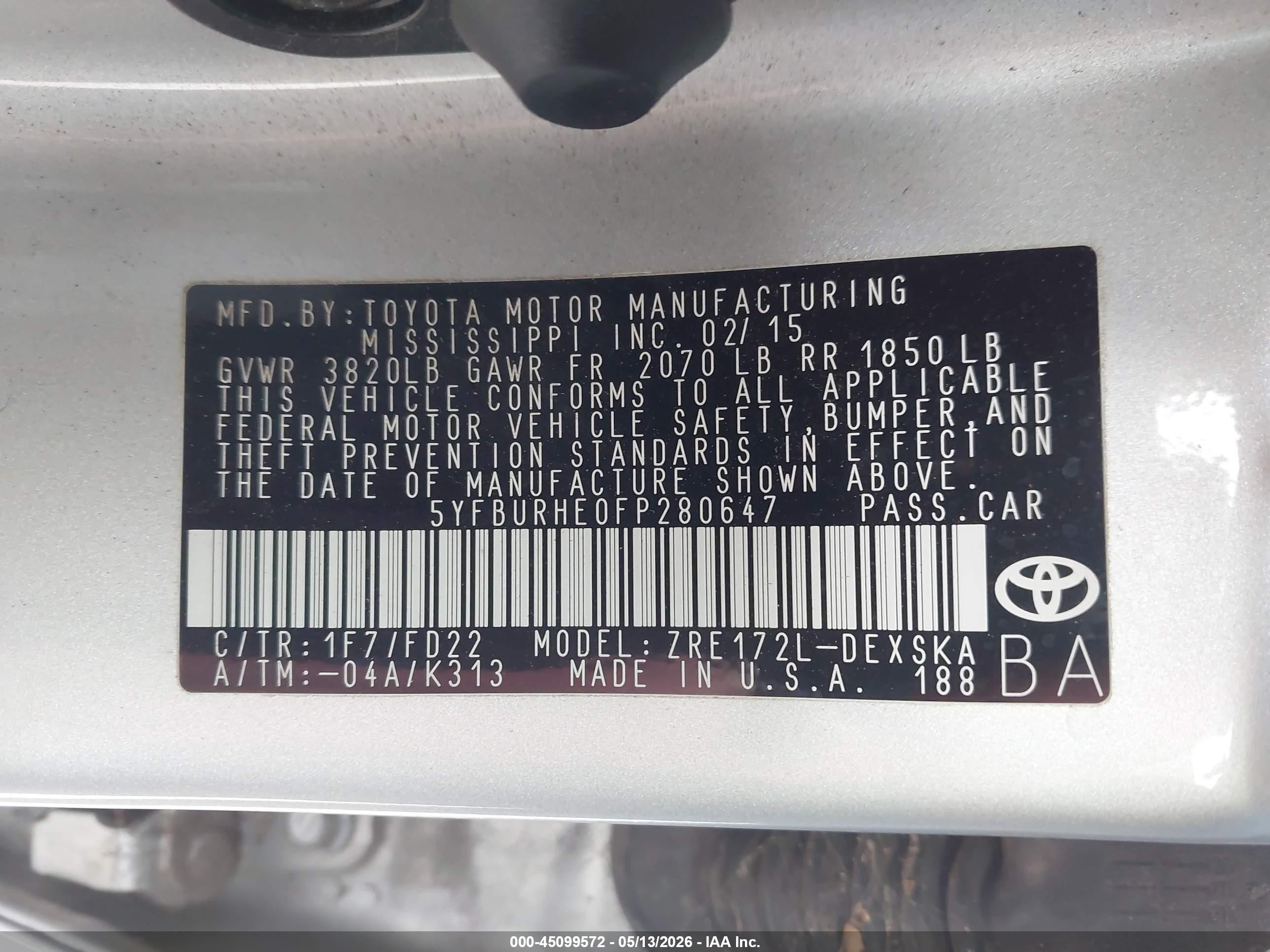 2015 Toyota Corolla S Plus Silver vin: 5YFBURHE0FP280647