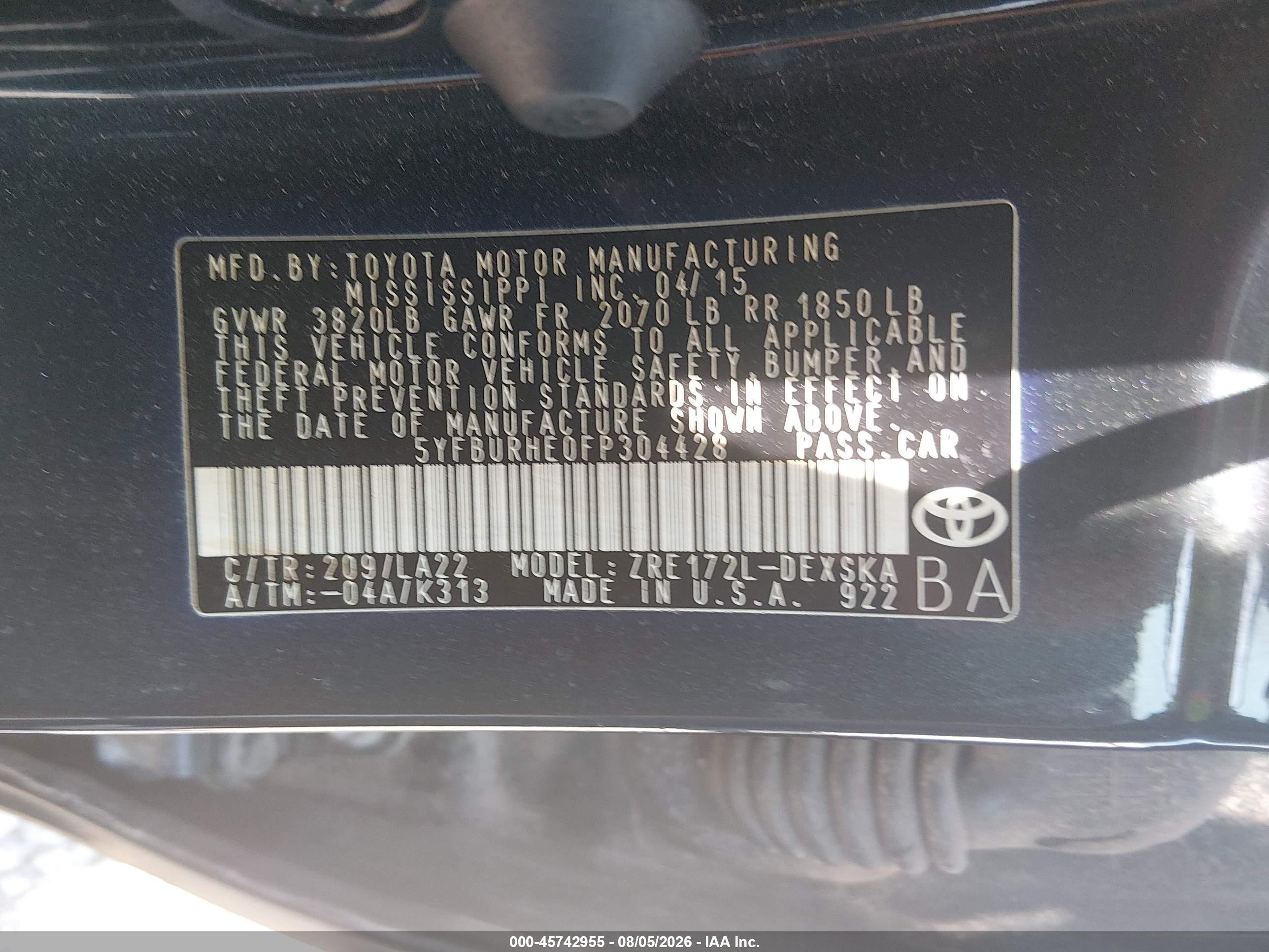 2015 Toyota Corolla S/s Plus/s Premium Черный vin: 5YFBURHE0FP304428