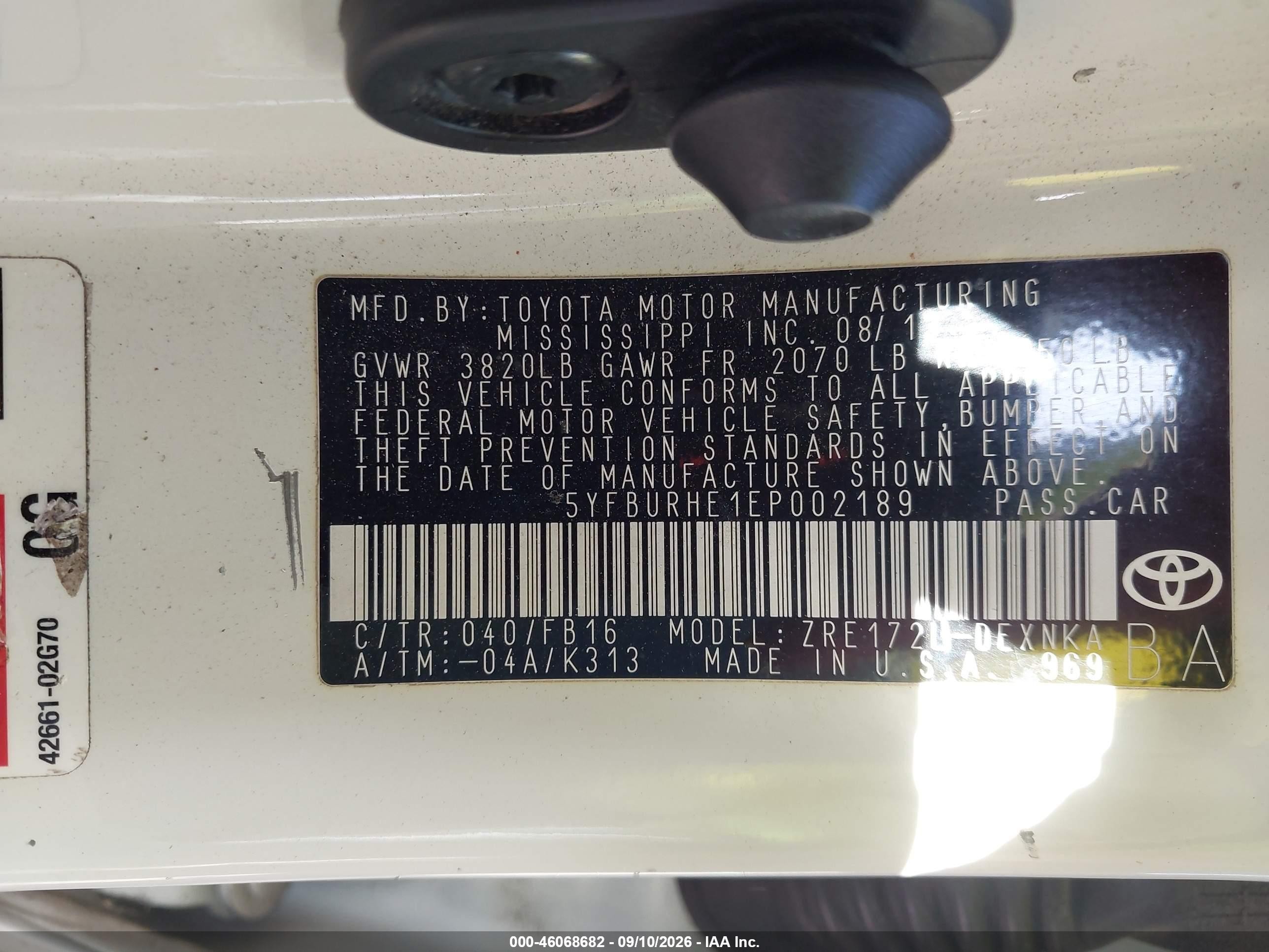 2014 Toyota Corolla Le White vin: 5YFBURHE1EP002189