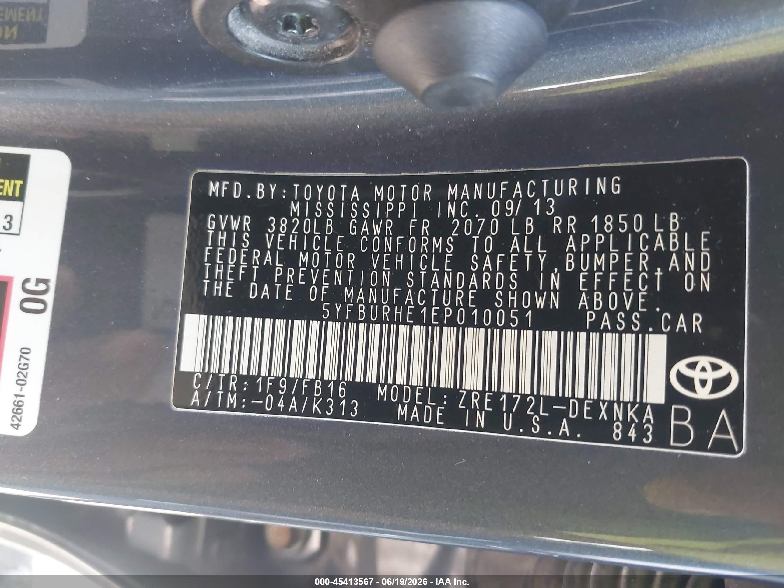 2014 Toyota Corolla Le Gray vin: 5YFBURHE1EP010051
