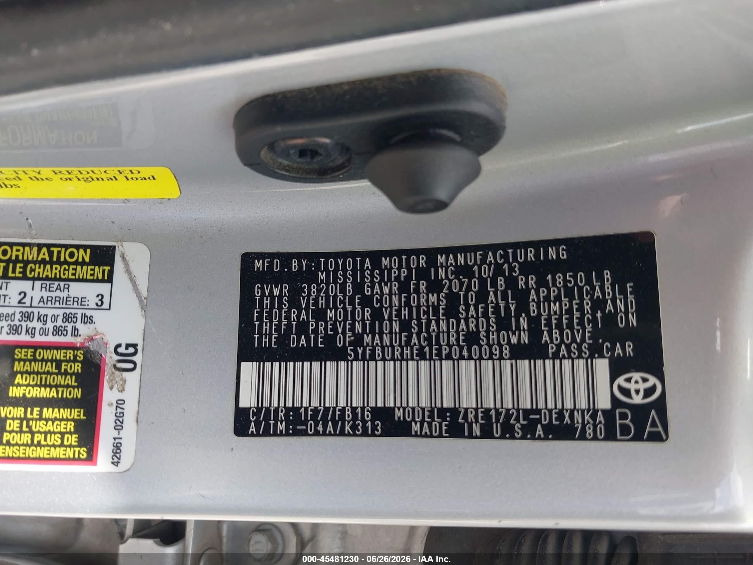 2014 Toyota Corolla Le Silver vin: 5YFBURHE1EP040098