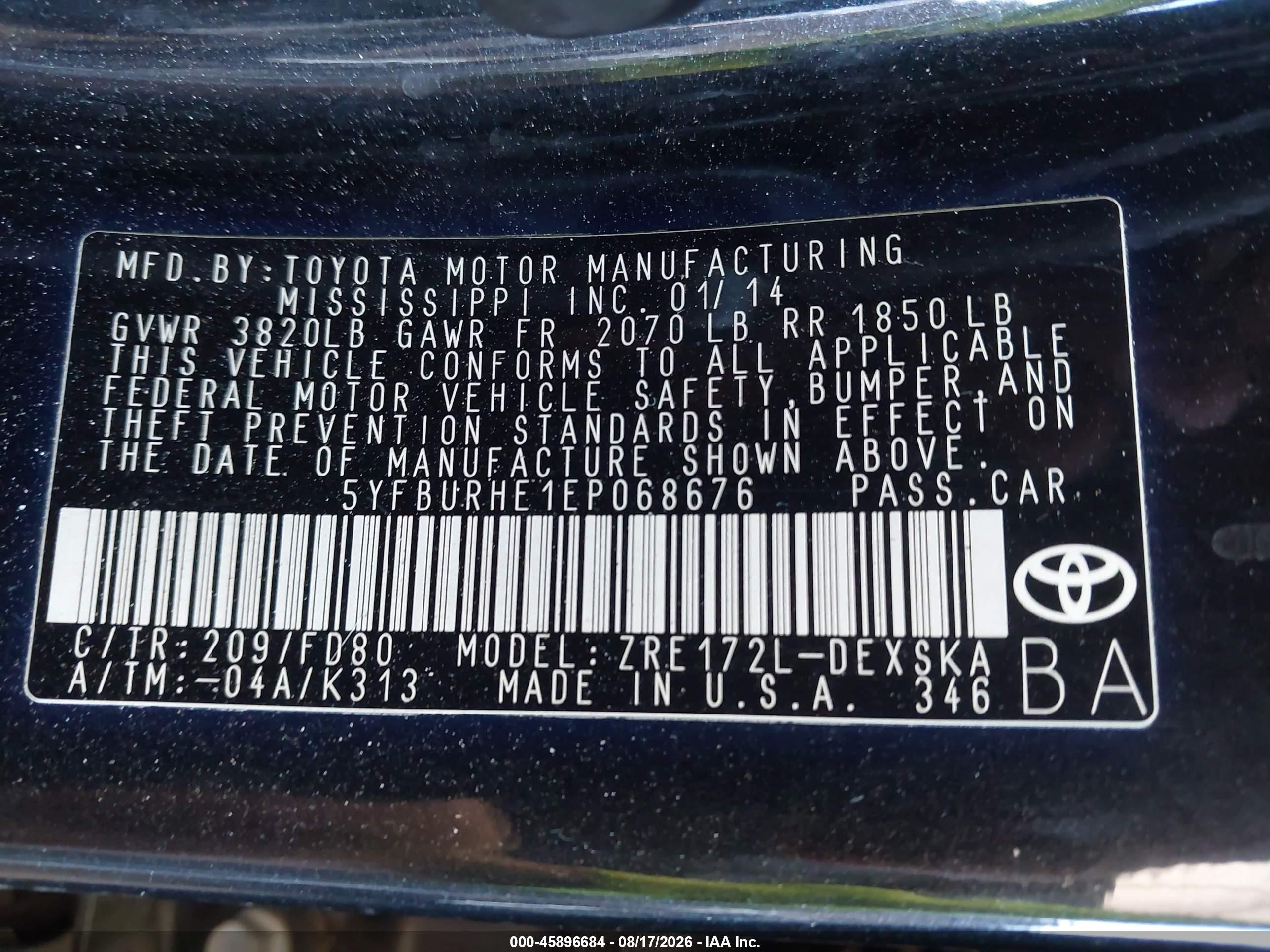 2014 Toyota Corolla S Plus Черный vin: 5YFBURHE1EP068676