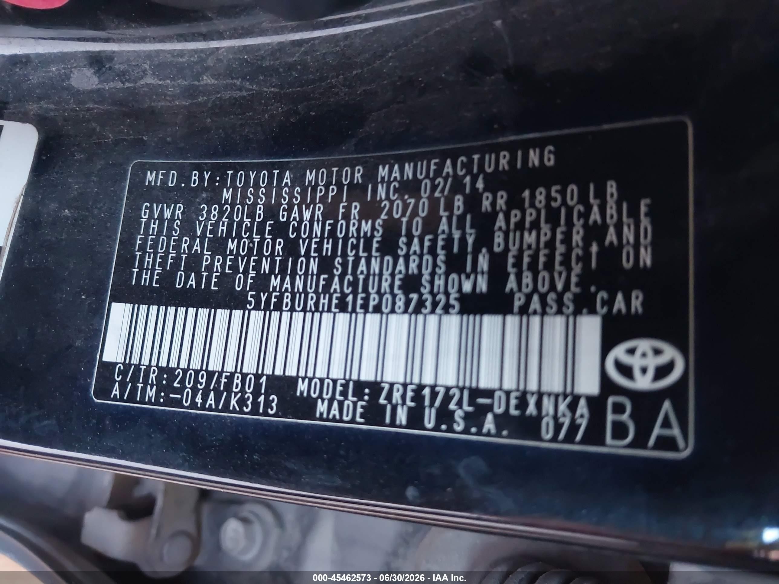 2014 Toyota Corolla Le Plus Black vin: 5YFBURHE1EP087325
