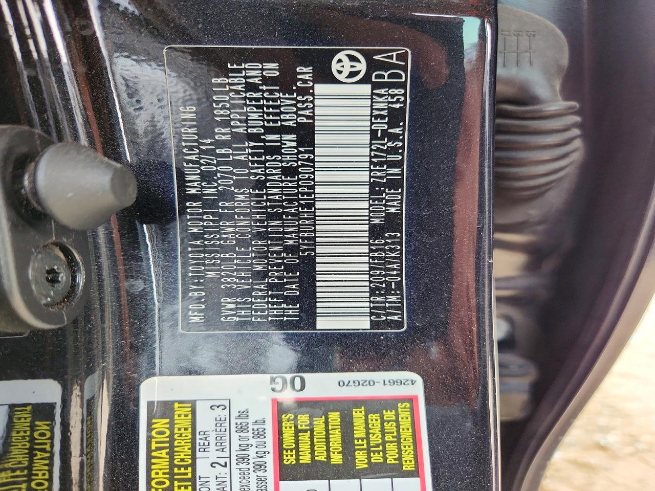 2014 Toyota Corolla Le Plus Black vin: 5YFBURHE1EP090791