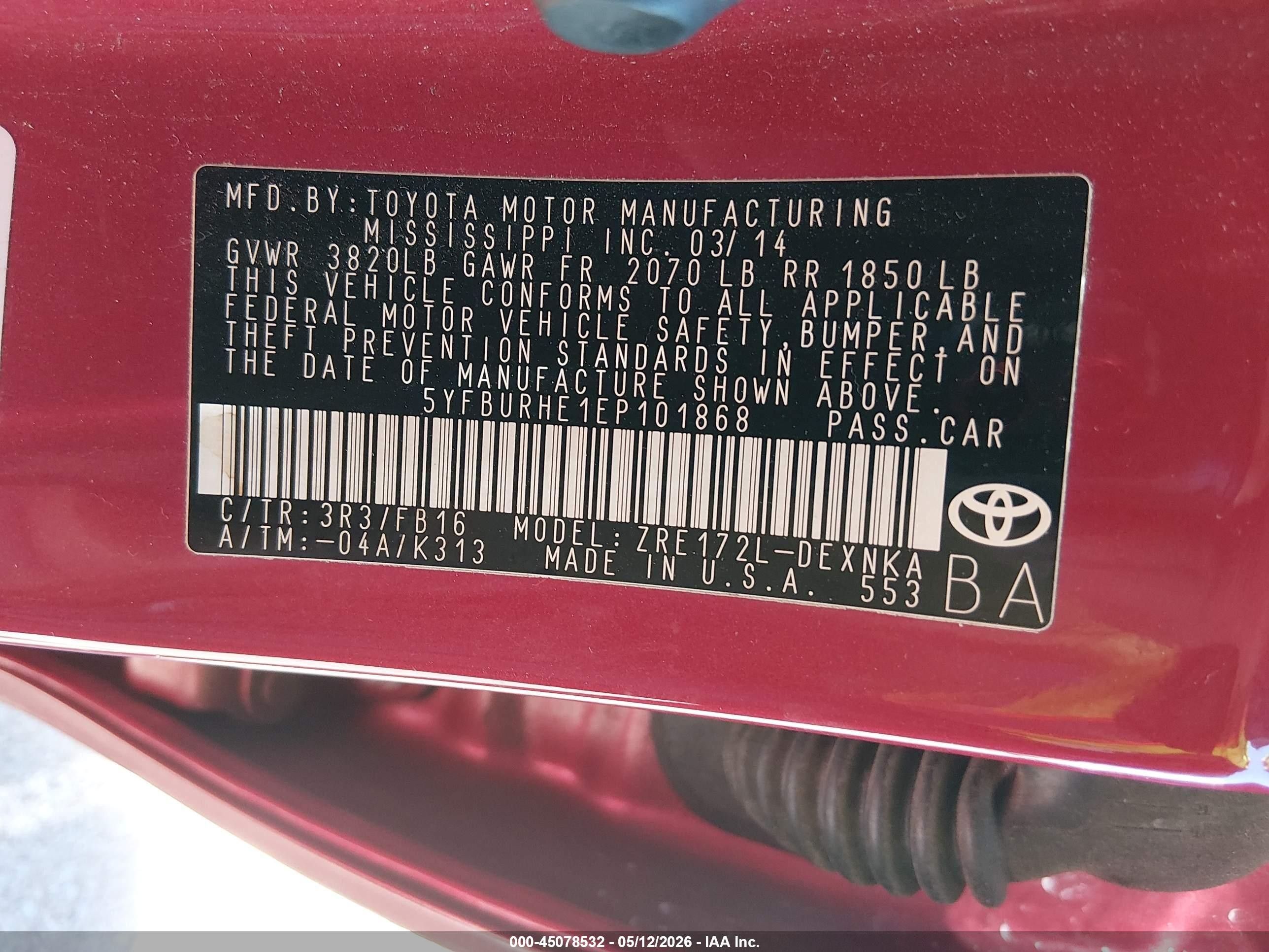 2014 Toyota Corolla Le/le Plus/le Premium Red vin: 5YFBURHE1EP101868