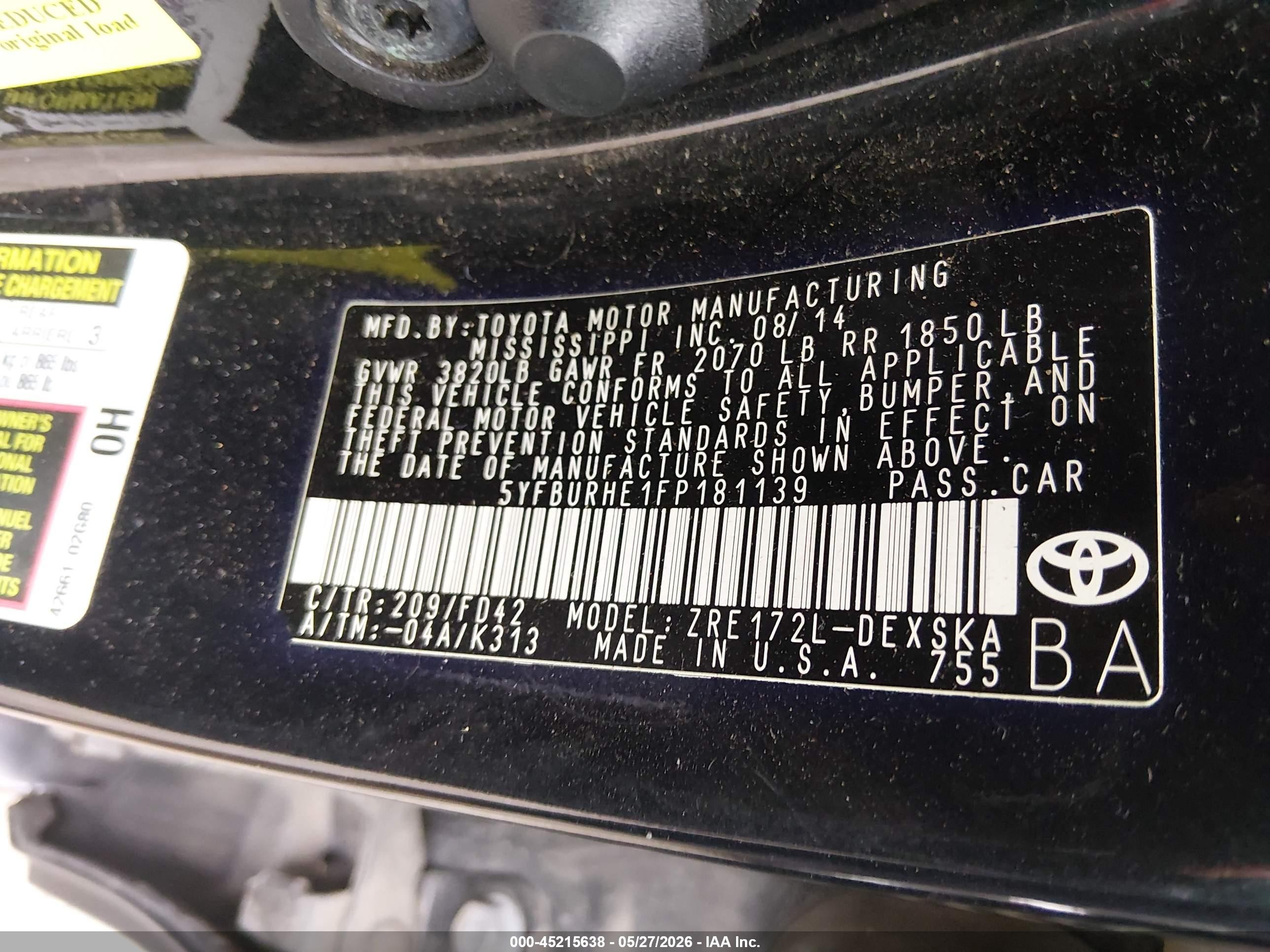 2015 Toyota Corolla S Plus Black vin: 5YFBURHE1FP181139
