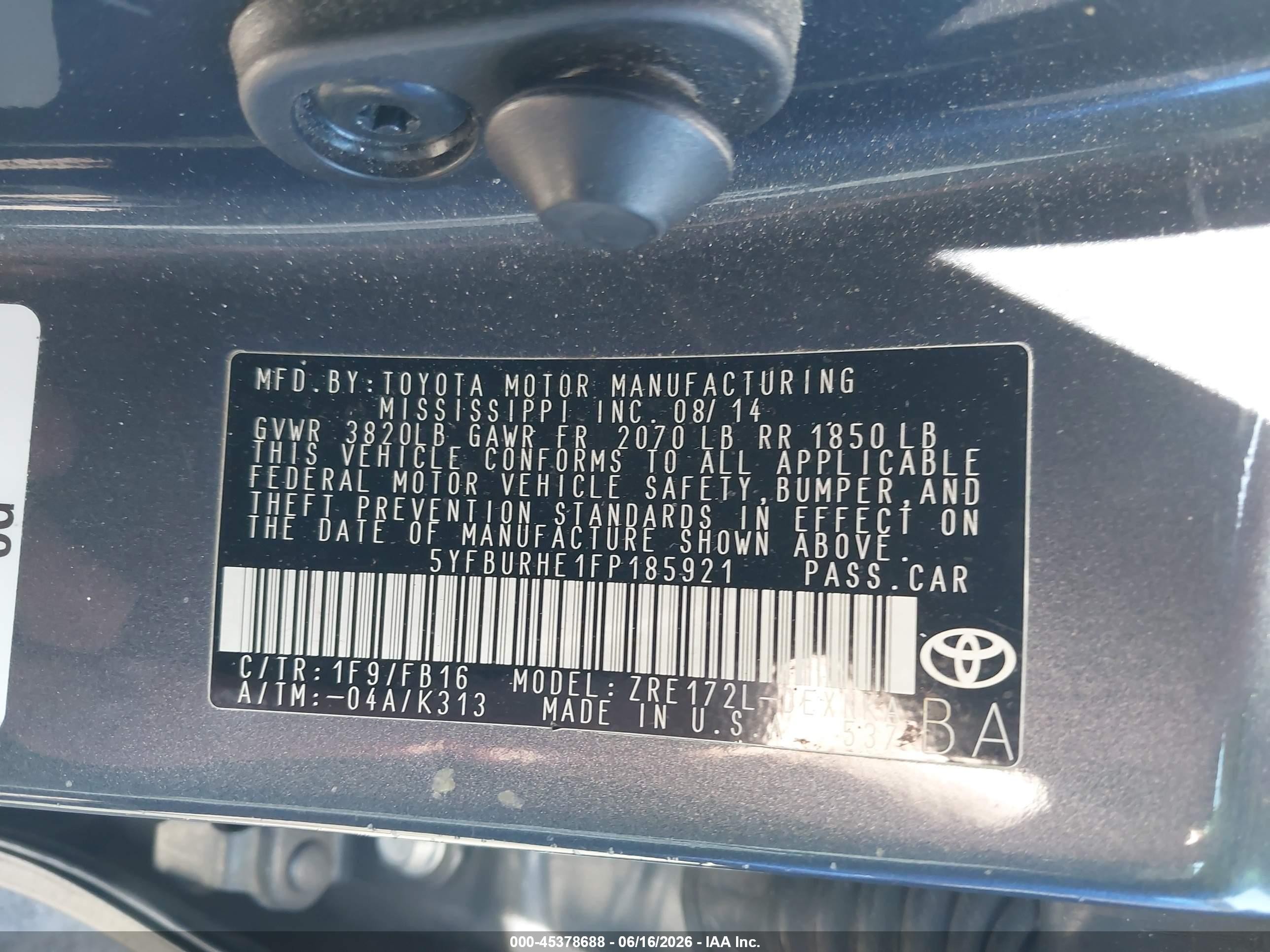 2015 Toyota Corolla Le Plus Gray vin: 5YFBURHE1FP185921