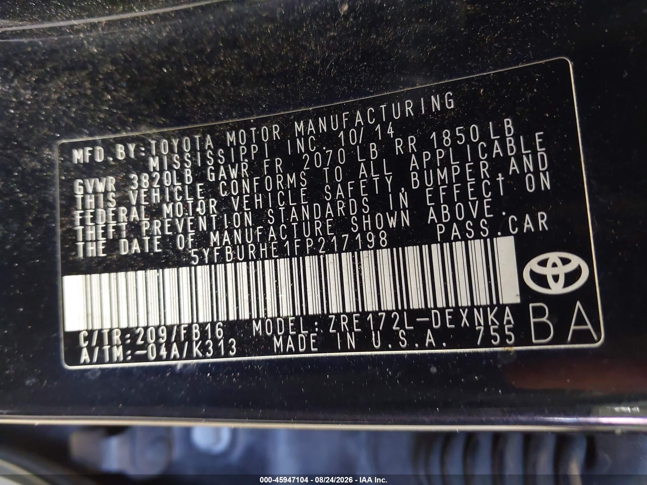 2015 Toyota Corolla L/le/le Pls/prm/s/s Pls Black vin: 5YFBURHE1FP217198