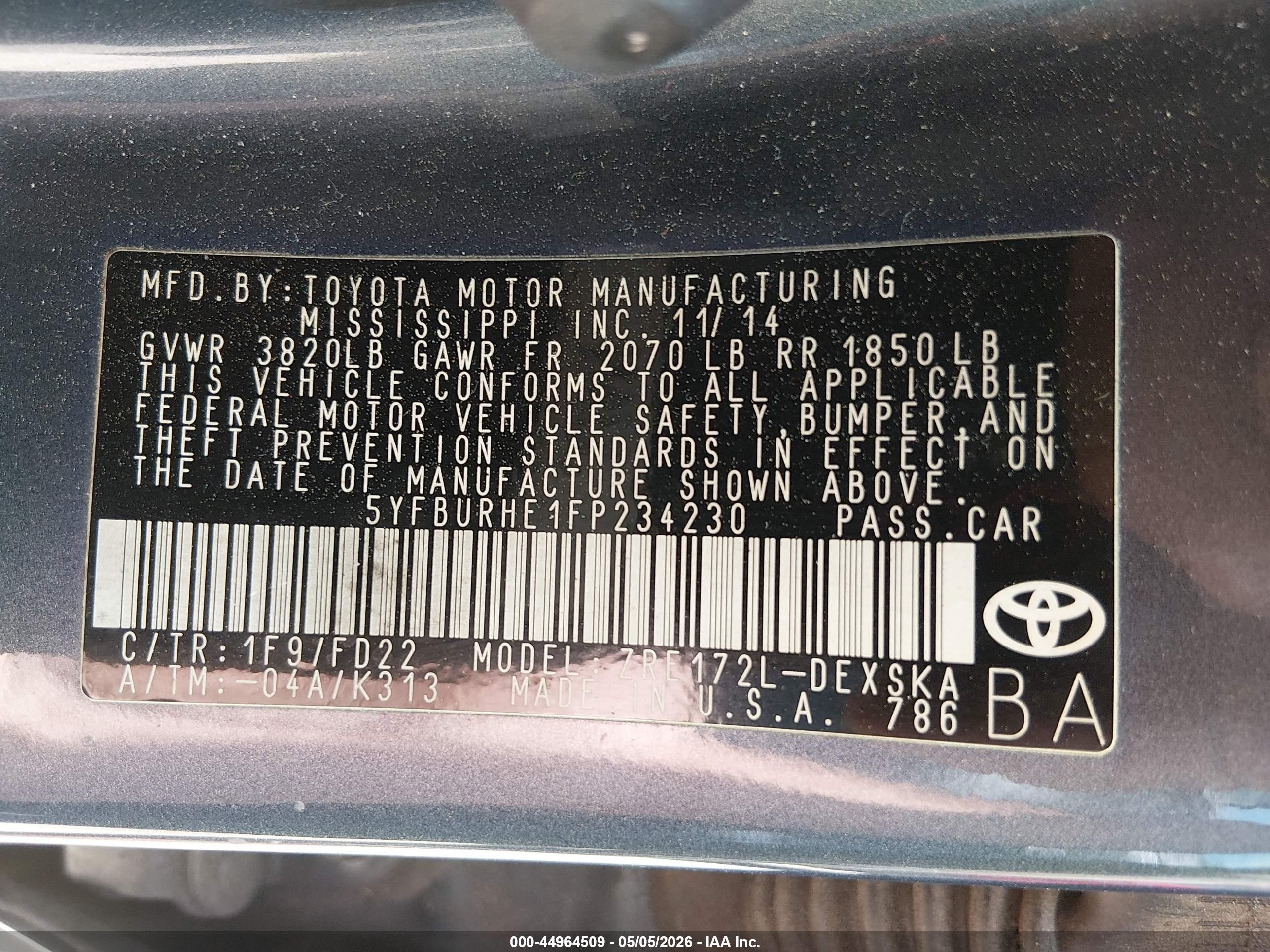 2015 Toyota Corolla S Plus Gray vin: 5YFBURHE1FP234230