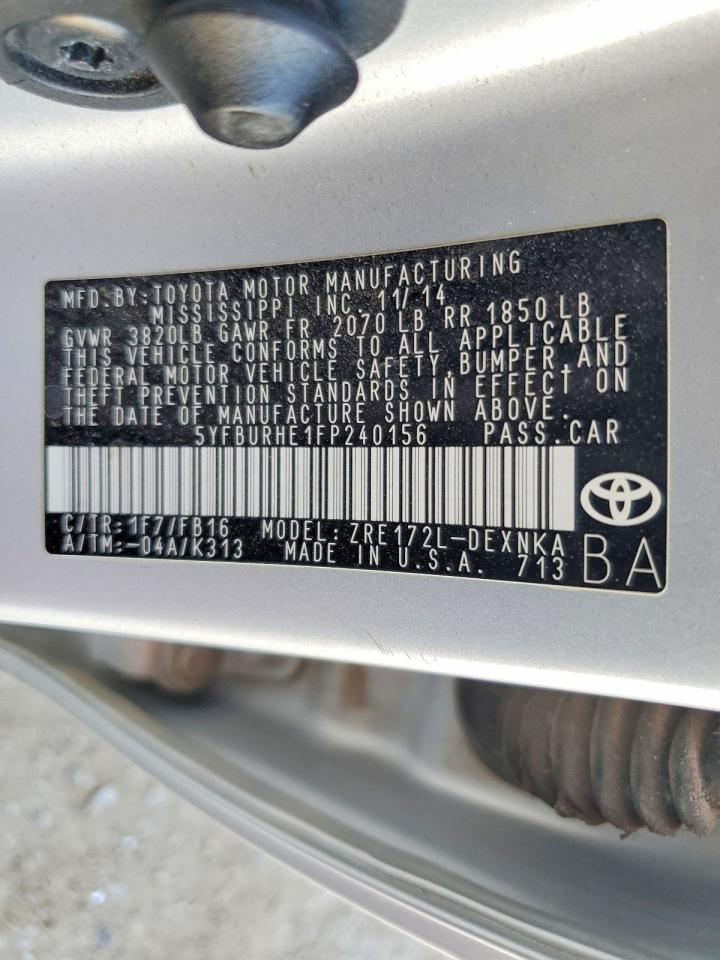 2015 Toyota Corolla Le Silver vin: 5YFBURHE1FP240156