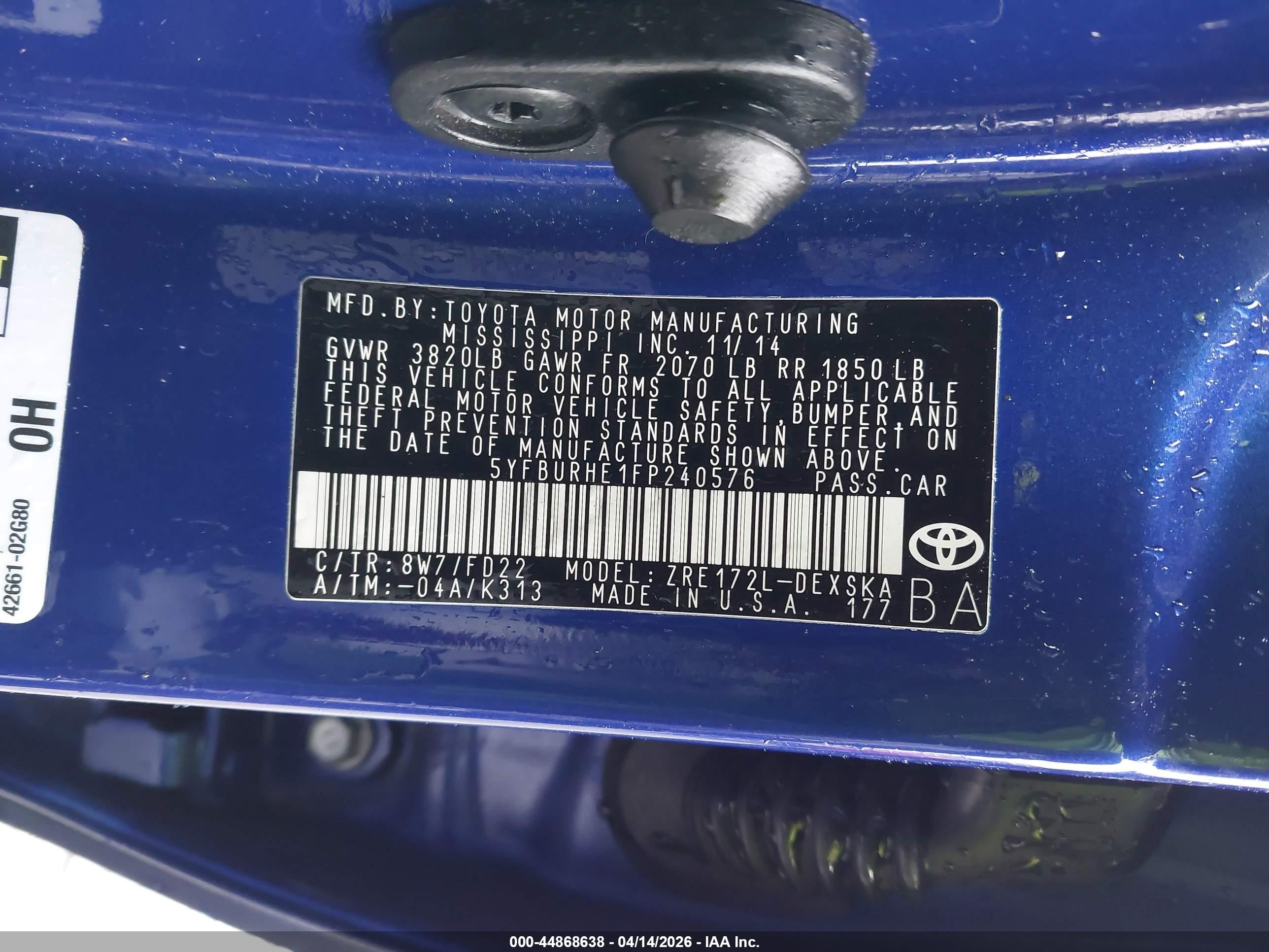 2015 Toyota Corolla S Plus Blue vin: 5YFBURHE1FP240576