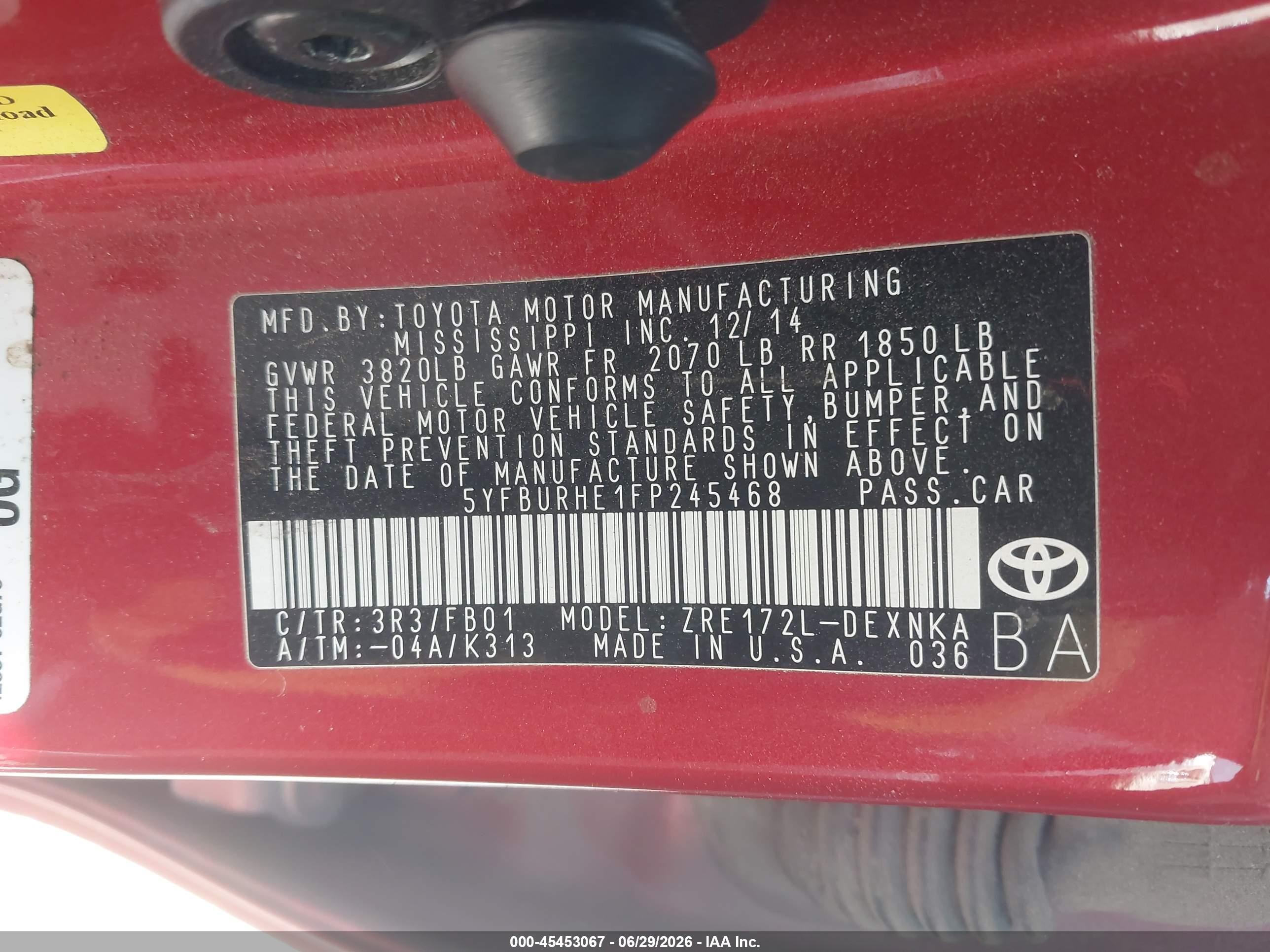 2015 Toyota Corolla Le Красный vin: 5YFBURHE1FP245468