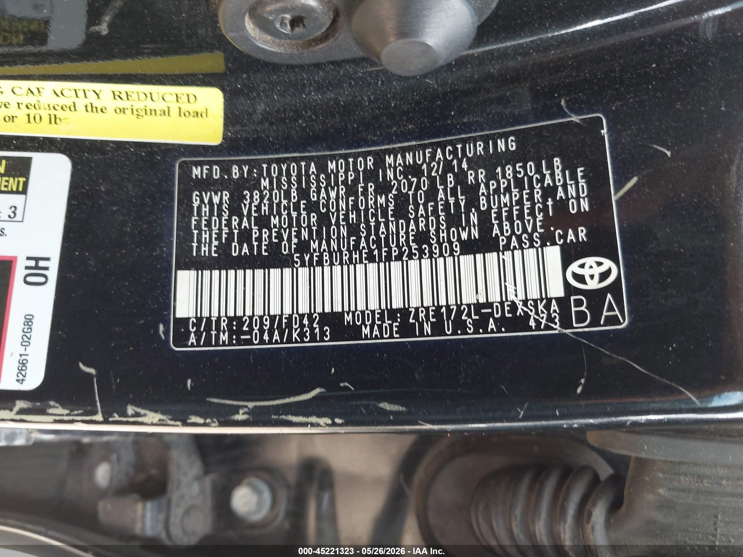 2015 Toyota Corolla S Plus Black vin: 5YFBURHE1FP253909