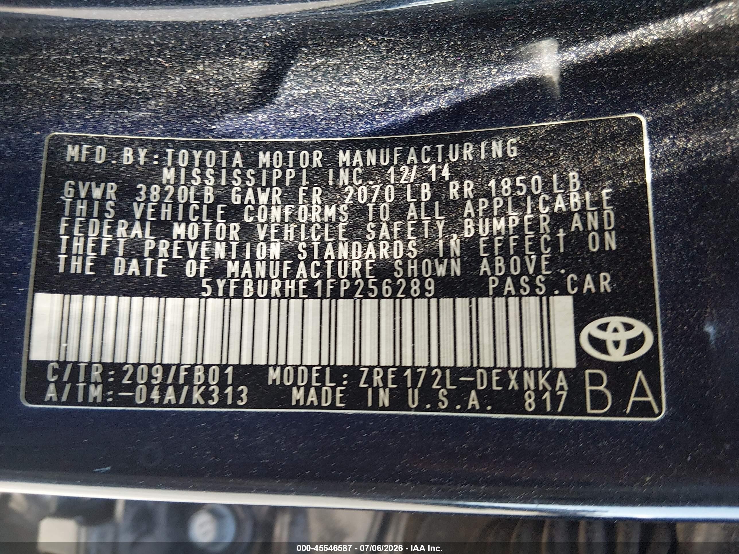 2015 Toyota Corolla Le Черный vin: 5YFBURHE1FP256289