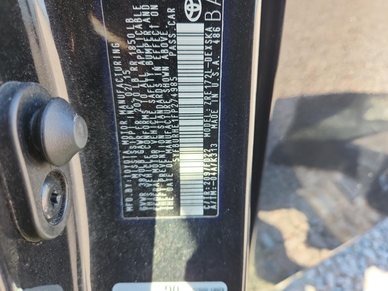 2015 Toyota Corolla S Черный vin: 5YFBURHE1FP274985