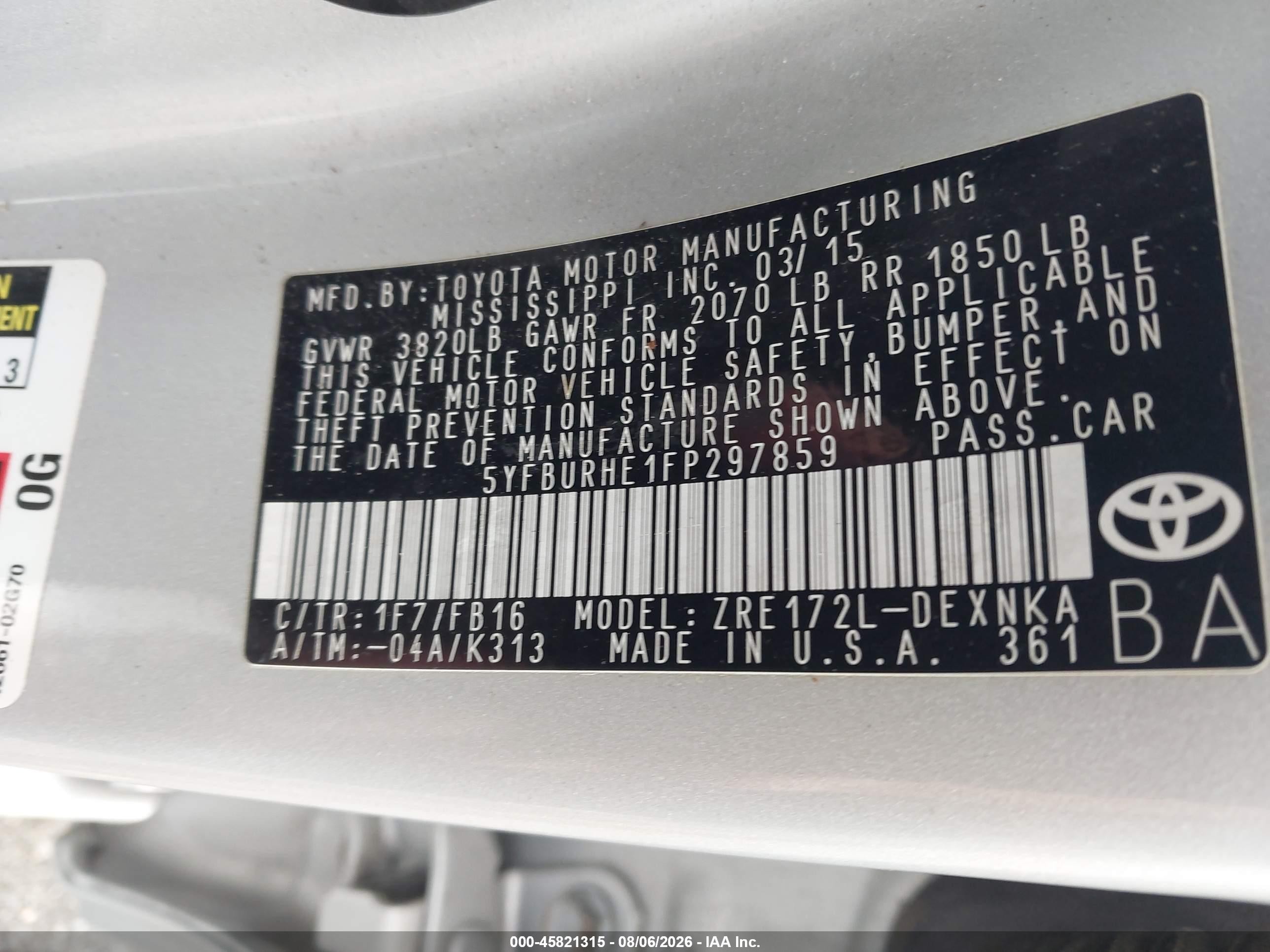 2015 Toyota Corolla Le Silver vin: 5YFBURHE1FP297859