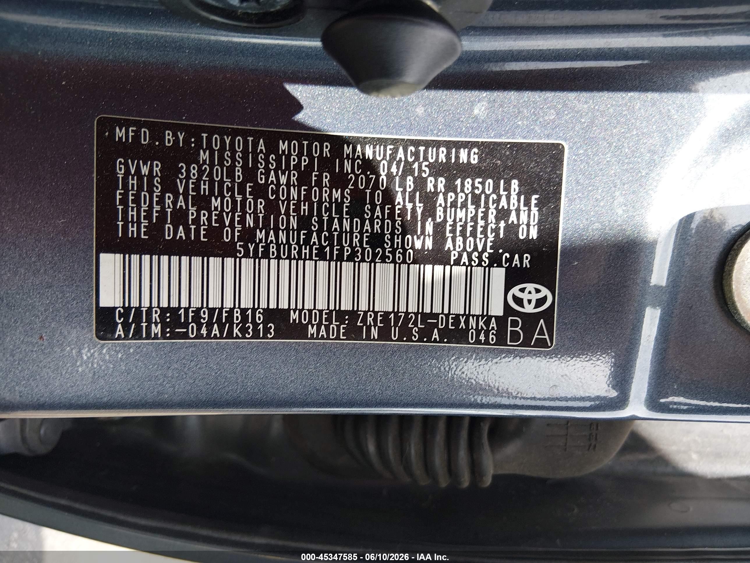 2015 Toyota Corolla Le Gray vin: 5YFBURHE1FP302560