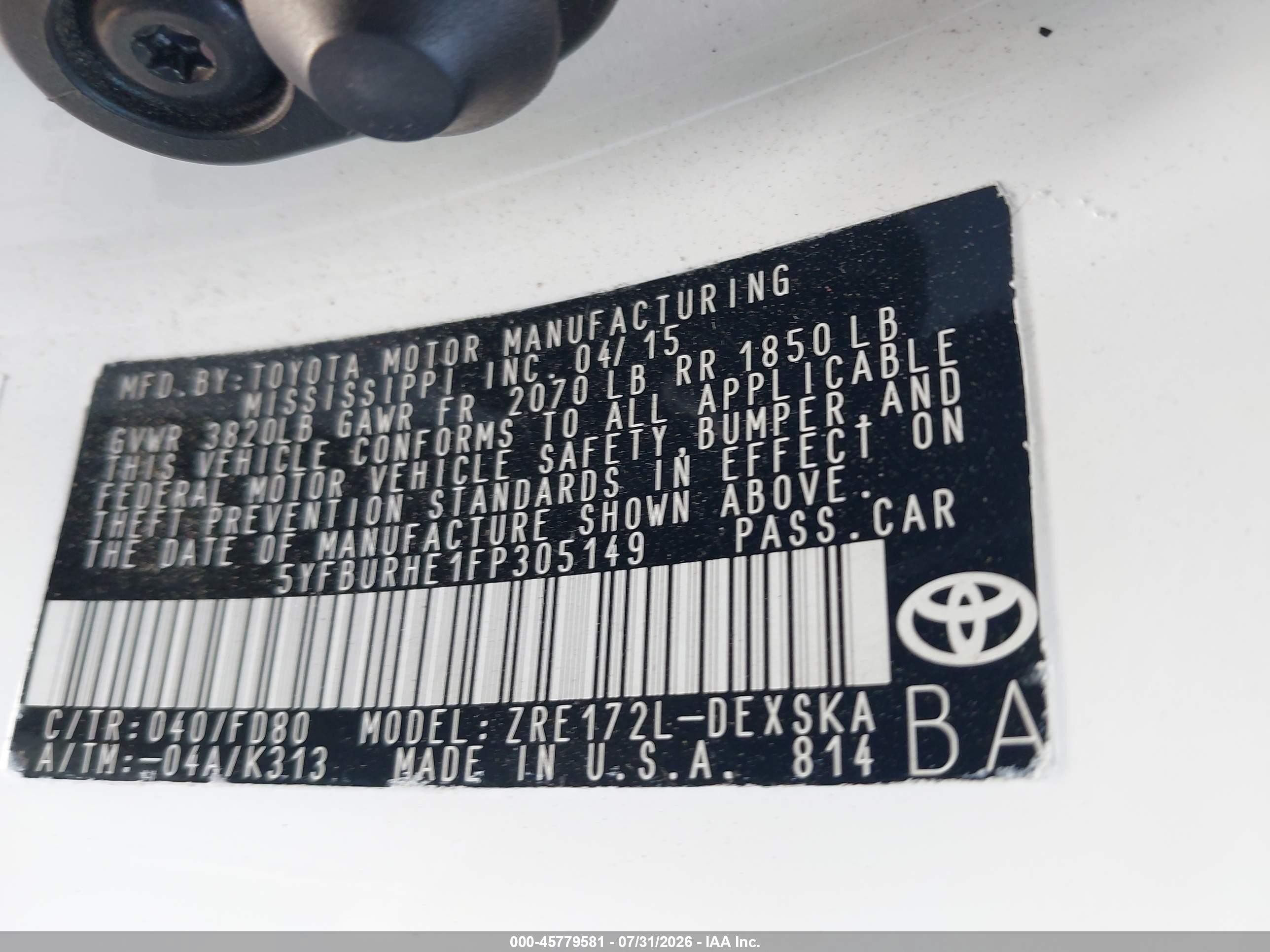 2015 Toyota Corolla S Plus White vin: 5YFBURHE1FP305149