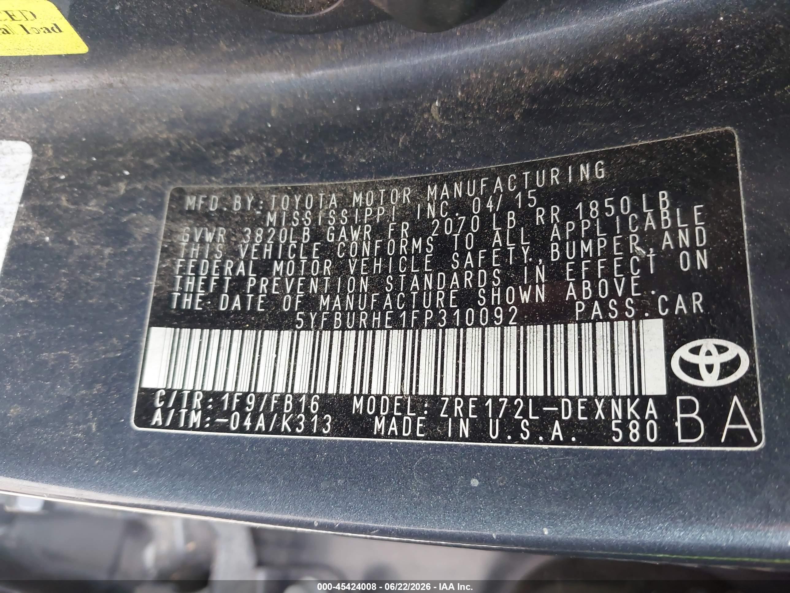2015 Toyota Corolla Le Gray vin: 5YFBURHE1FP310092