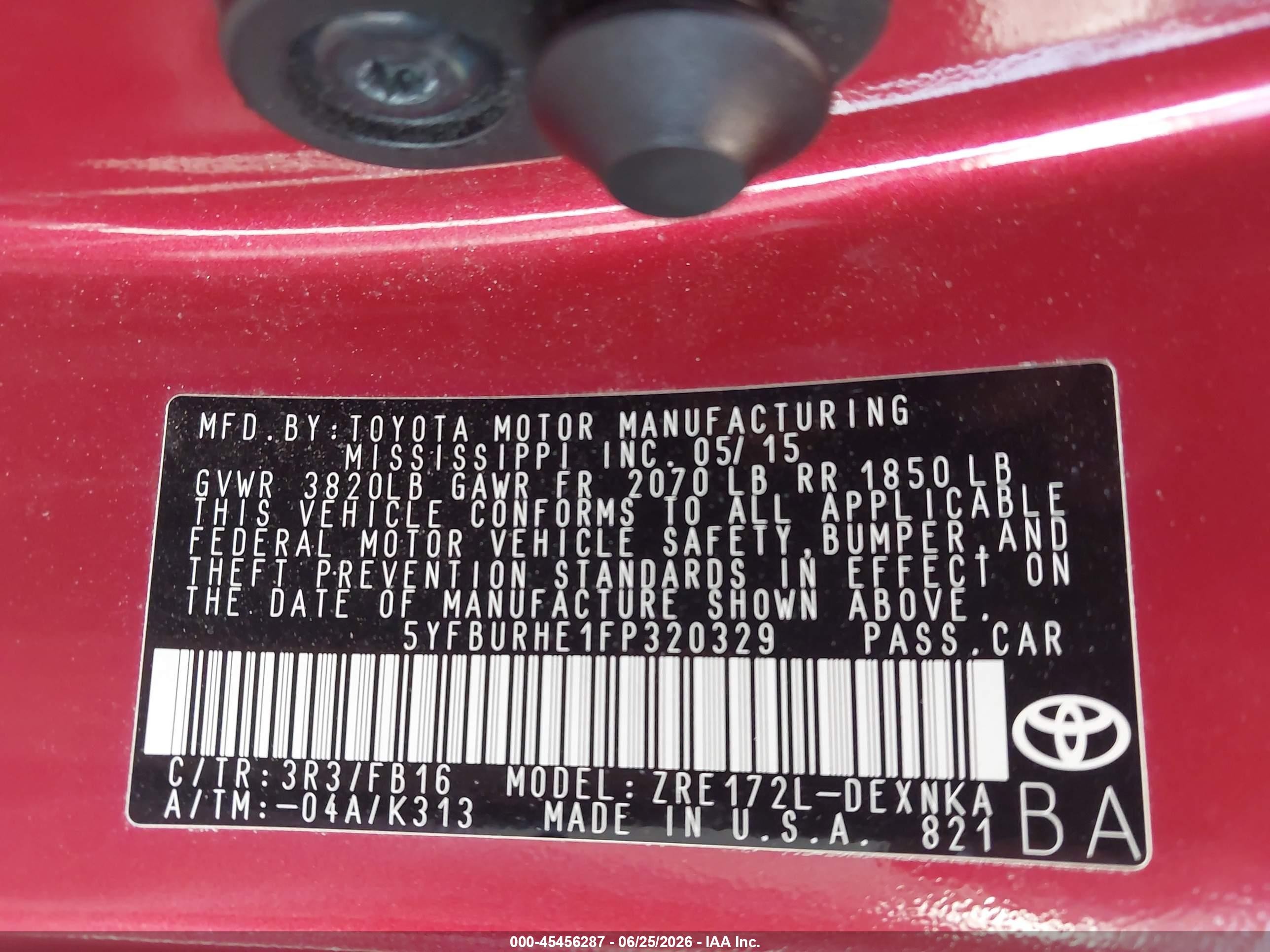 2015 Toyota Corolla Le Красный vin: 5YFBURHE1FP320329